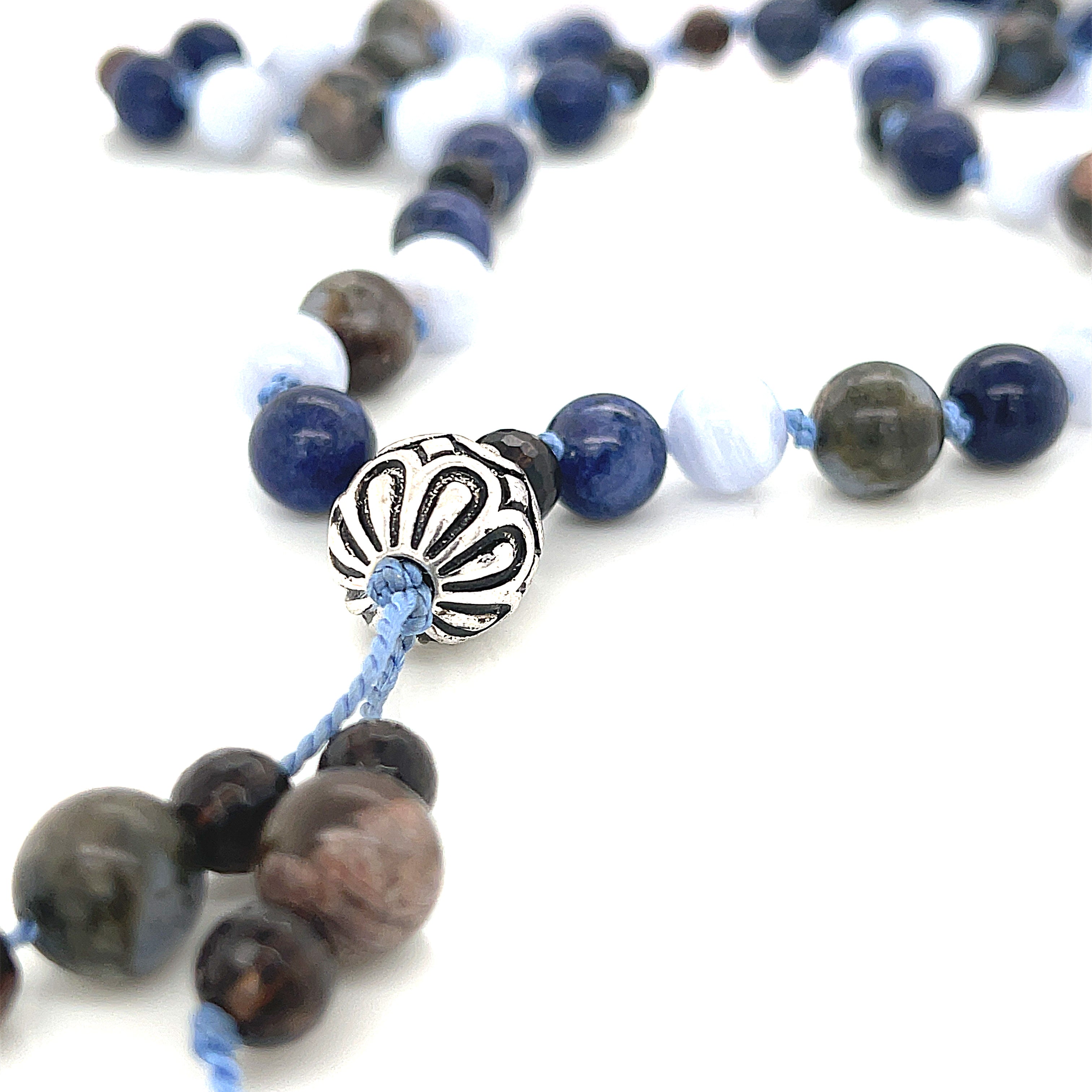 Mala Necklace, Blue Rhyolite, Blue Lace Agate, Smoky Quartz, & Lapis Lazuli gemstone necklace