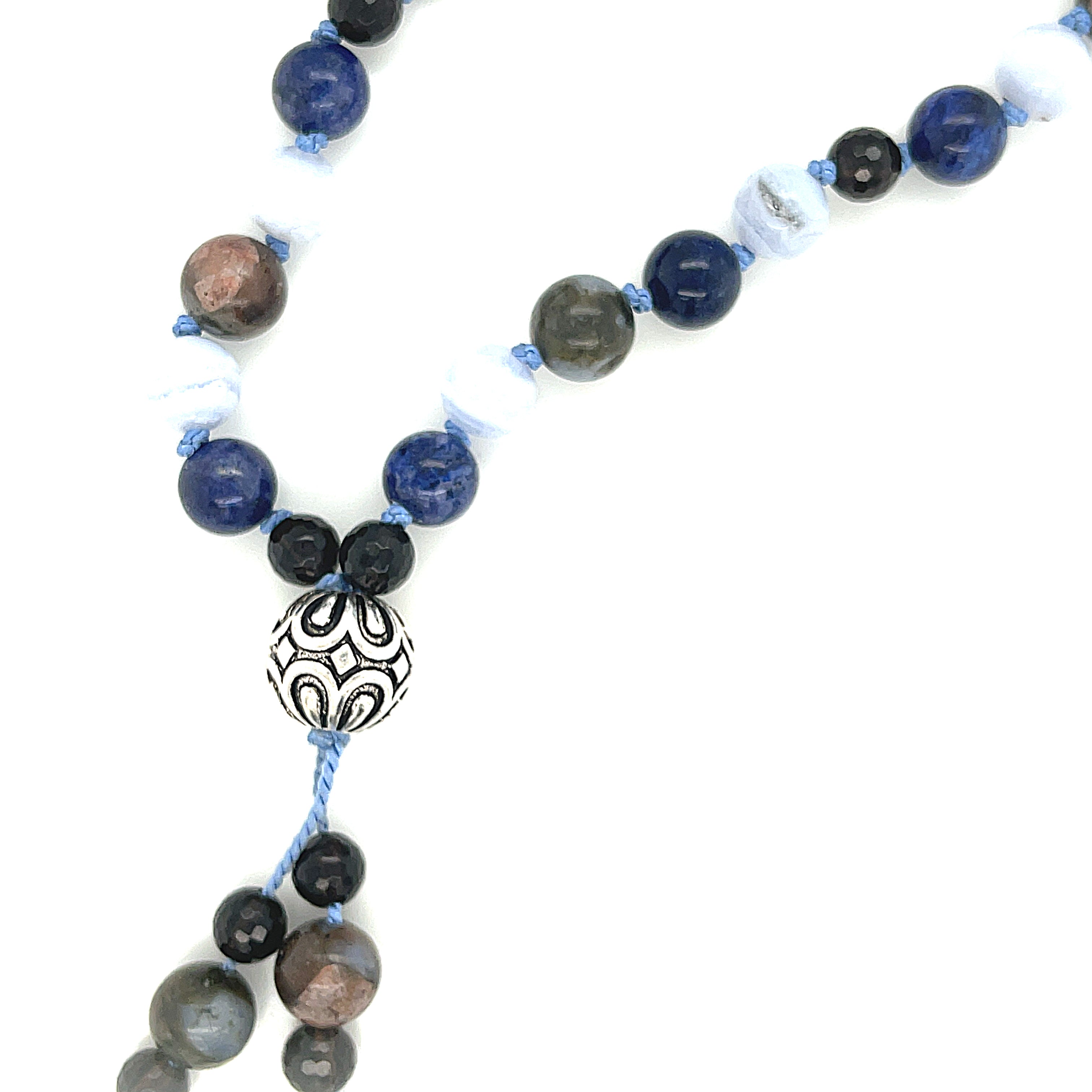Mala Necklace, Blue Rhyolite, Blue Lace Agate, Smoky Quartz, & Lapis Lazuli gemstone necklace