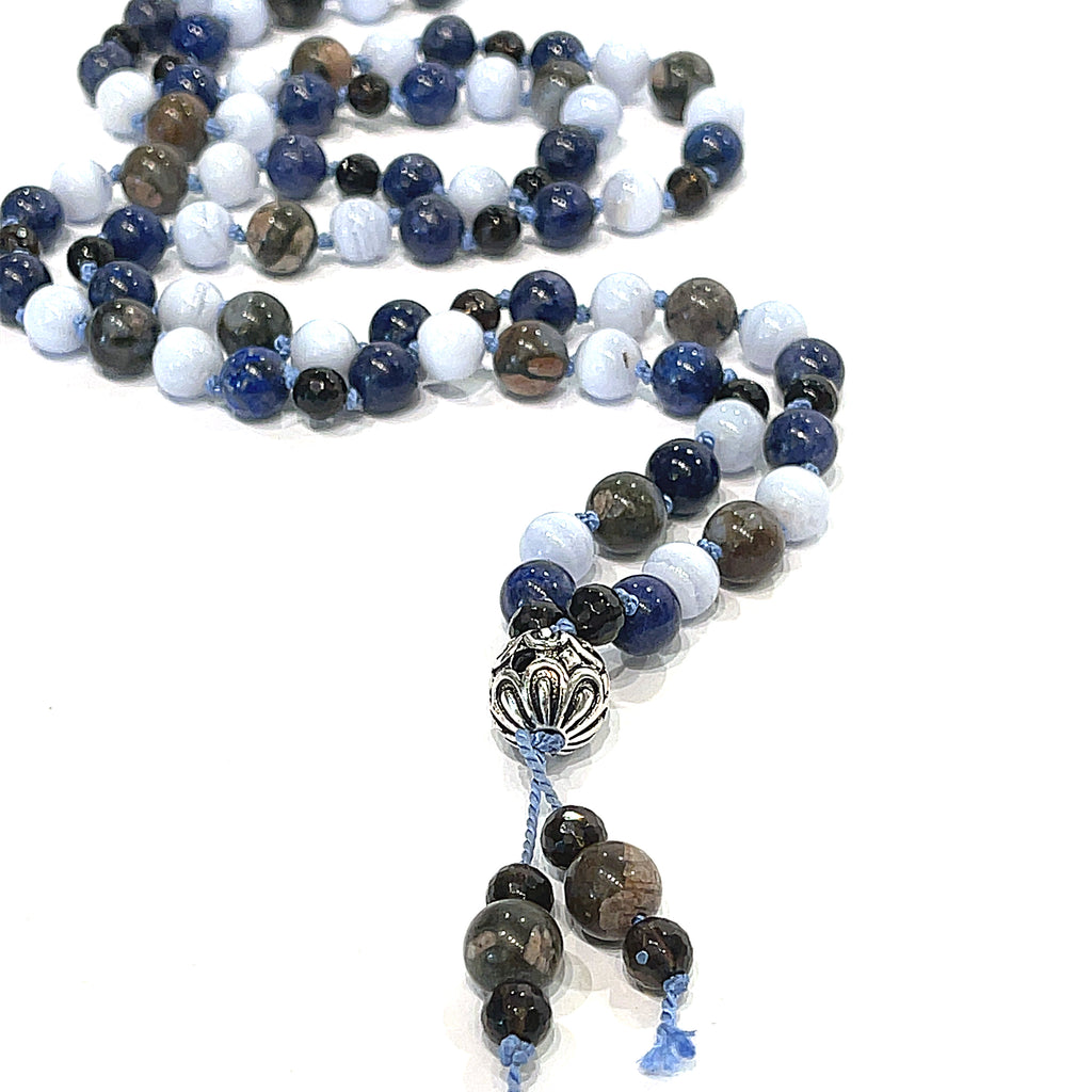 Mala Necklace, Blue Rhyolite, Blue Lace Agate, Smoky Quartz, & Lapis Lazuli gemstone necklace