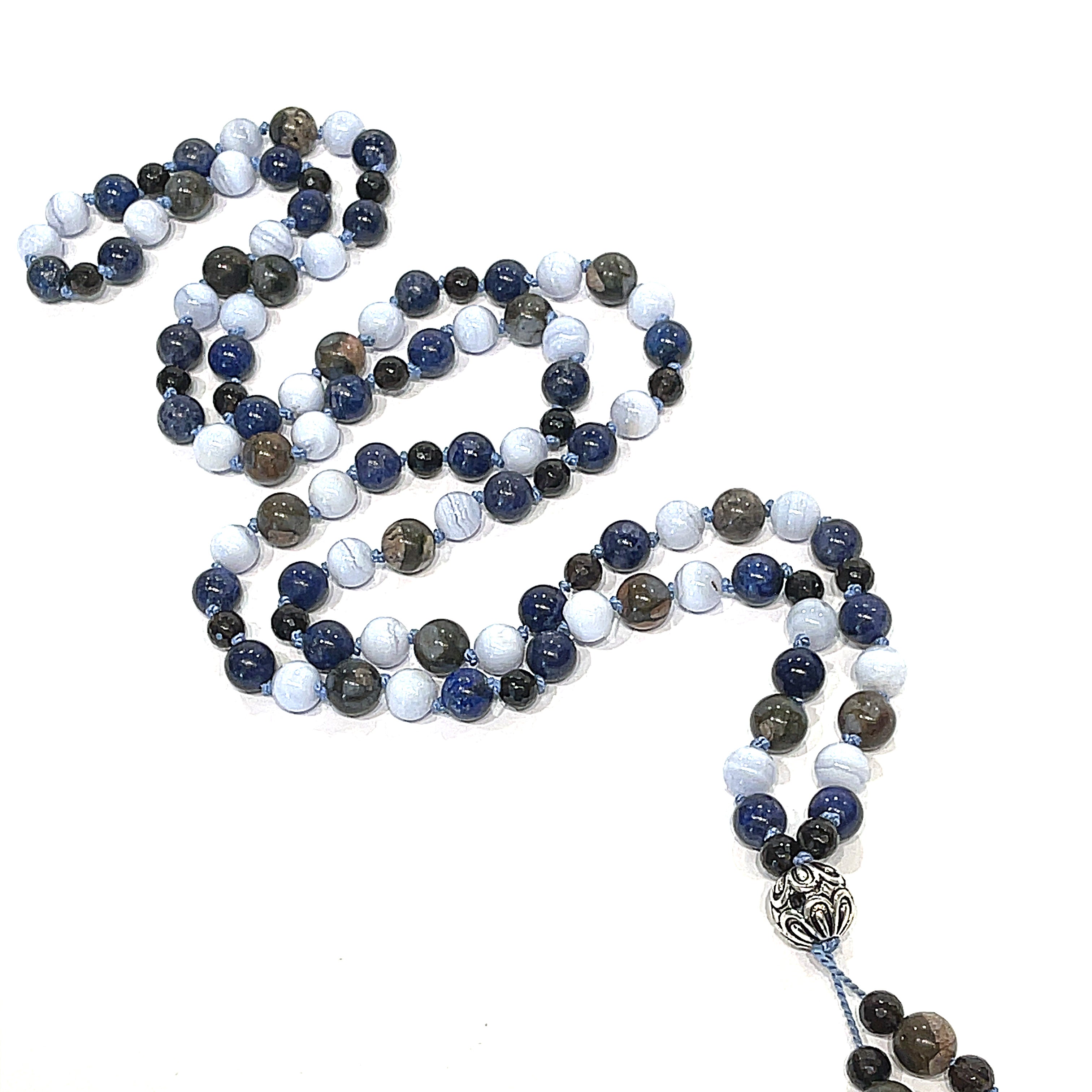 Mala Necklace, Blue Rhyolite, Blue Lace Agate, Smoky Quartz, & Lapis Lazuli gemstone necklace