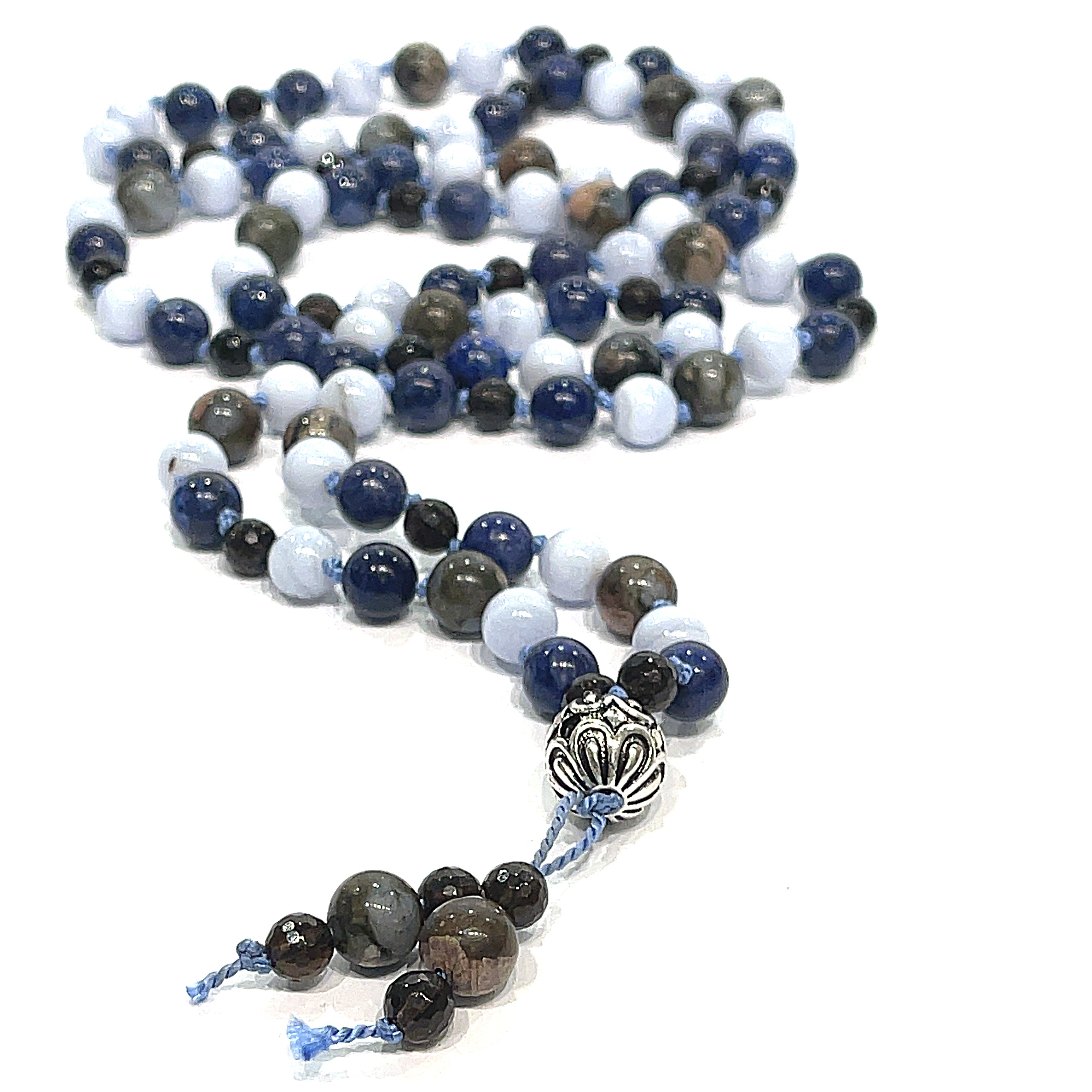 Mala Necklace, Blue Rhyolite, Blue Lace Agate, Smoky Quartz, & Lapis Lazuli gemstone necklace