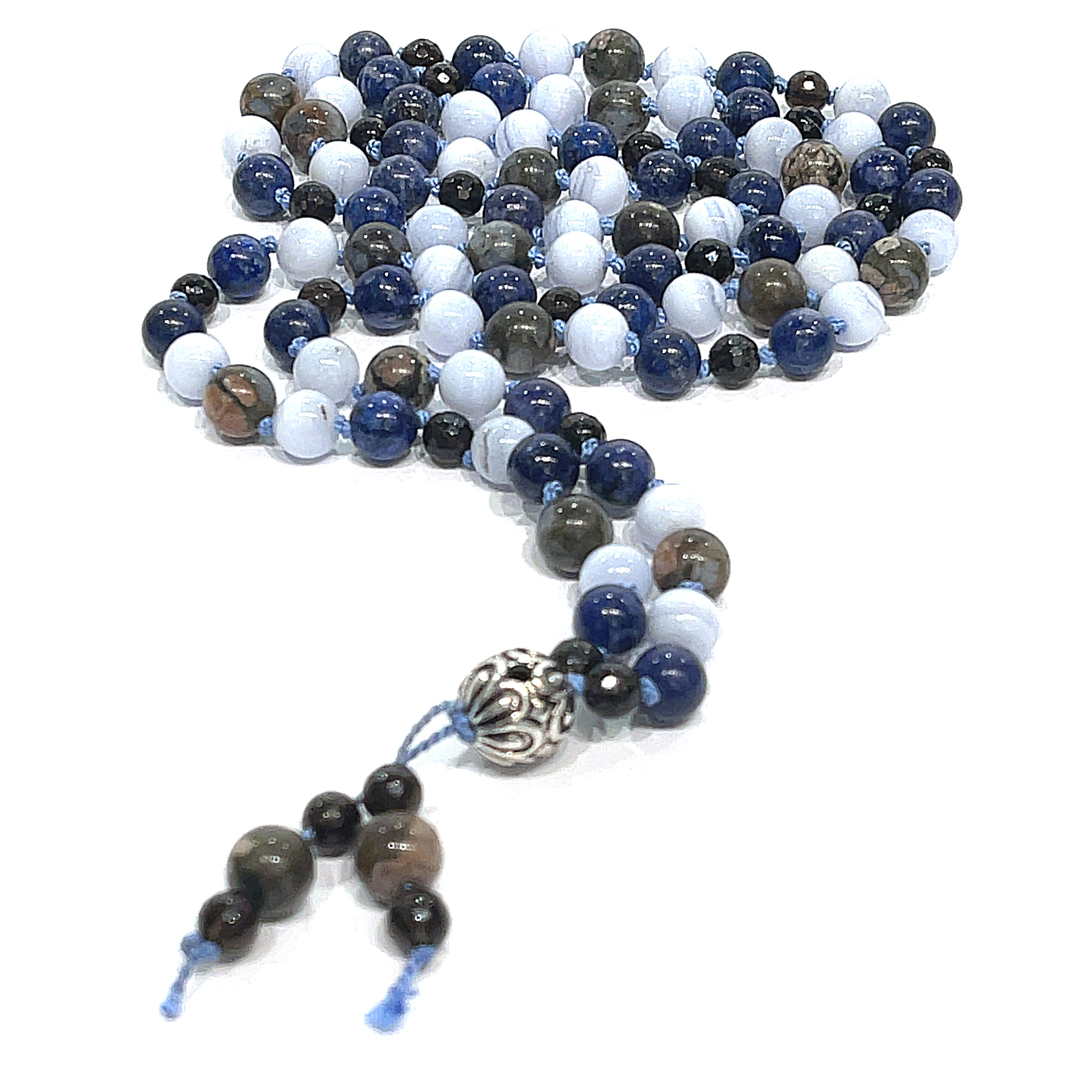 Mala Necklace, Blue Rhyolite, Blue Lace Agate, Smoky Quartz, & Lapis Lazuli gemstone necklace