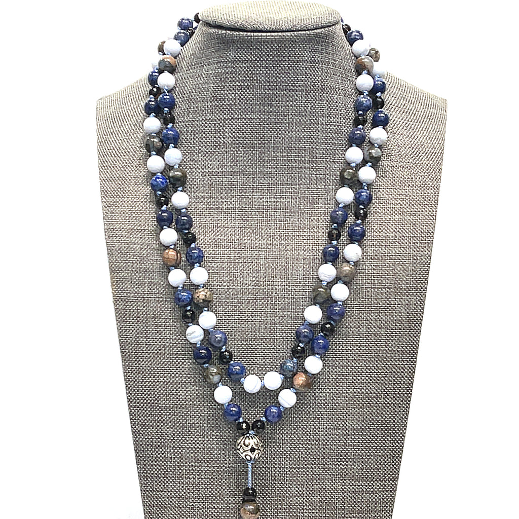 Mala Necklace, Blue Rhyolite, Blue Lace Agate, Smoky Quartz, & Lapis Lazuli gemstone necklace