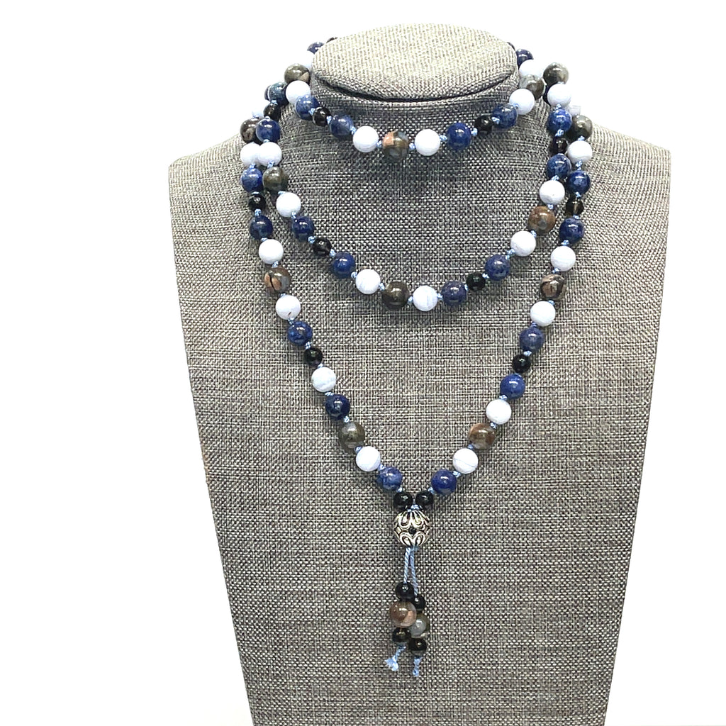 Mala Necklace, Blue Rhyolite, Blue Lace Agate, Smoky Quartz, & Lapis Lazuli gemstone necklace