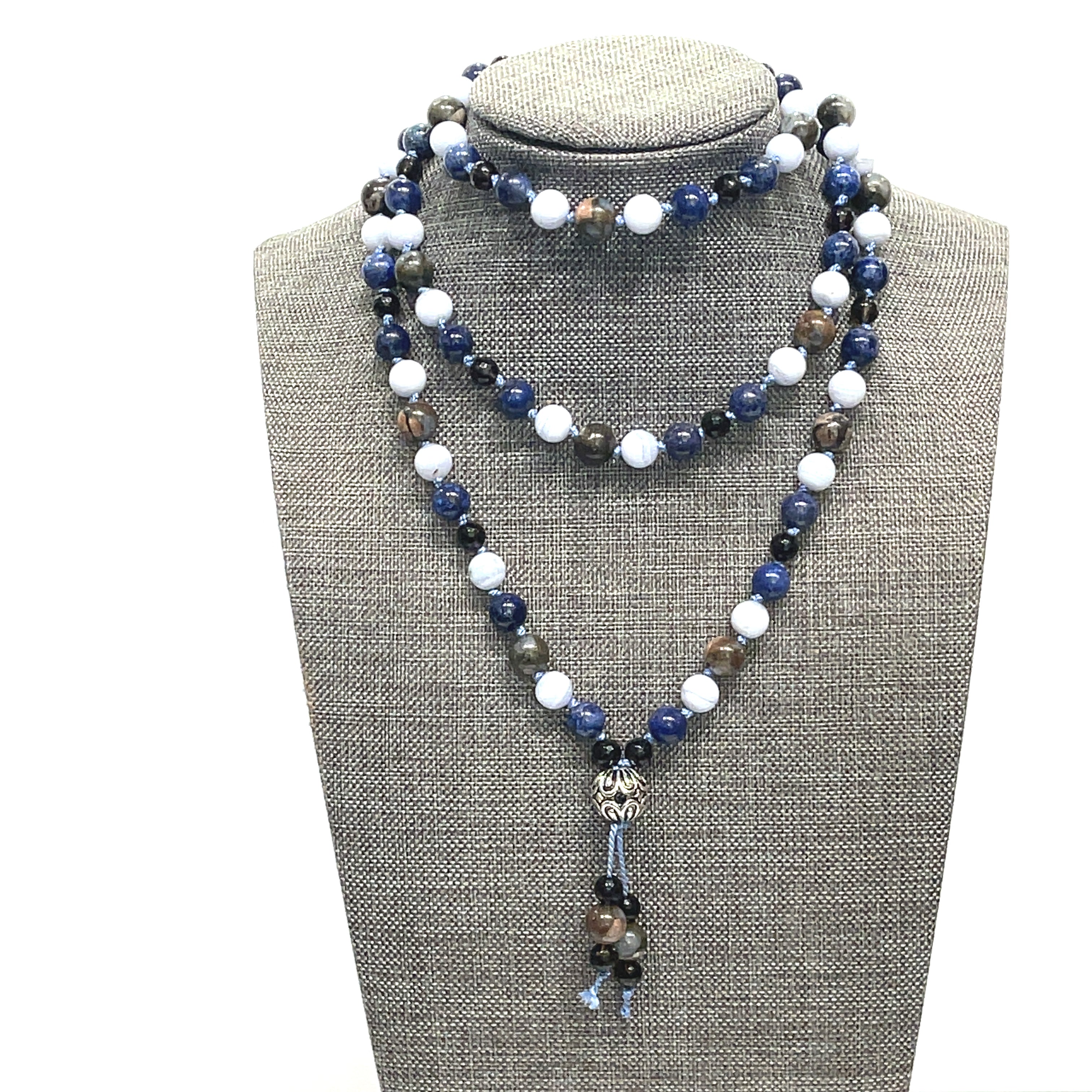 Mala Necklace, Blue Rhyolite, Blue Lace Agate, Smoky Quartz, & Lapis Lazuli gemstone necklace