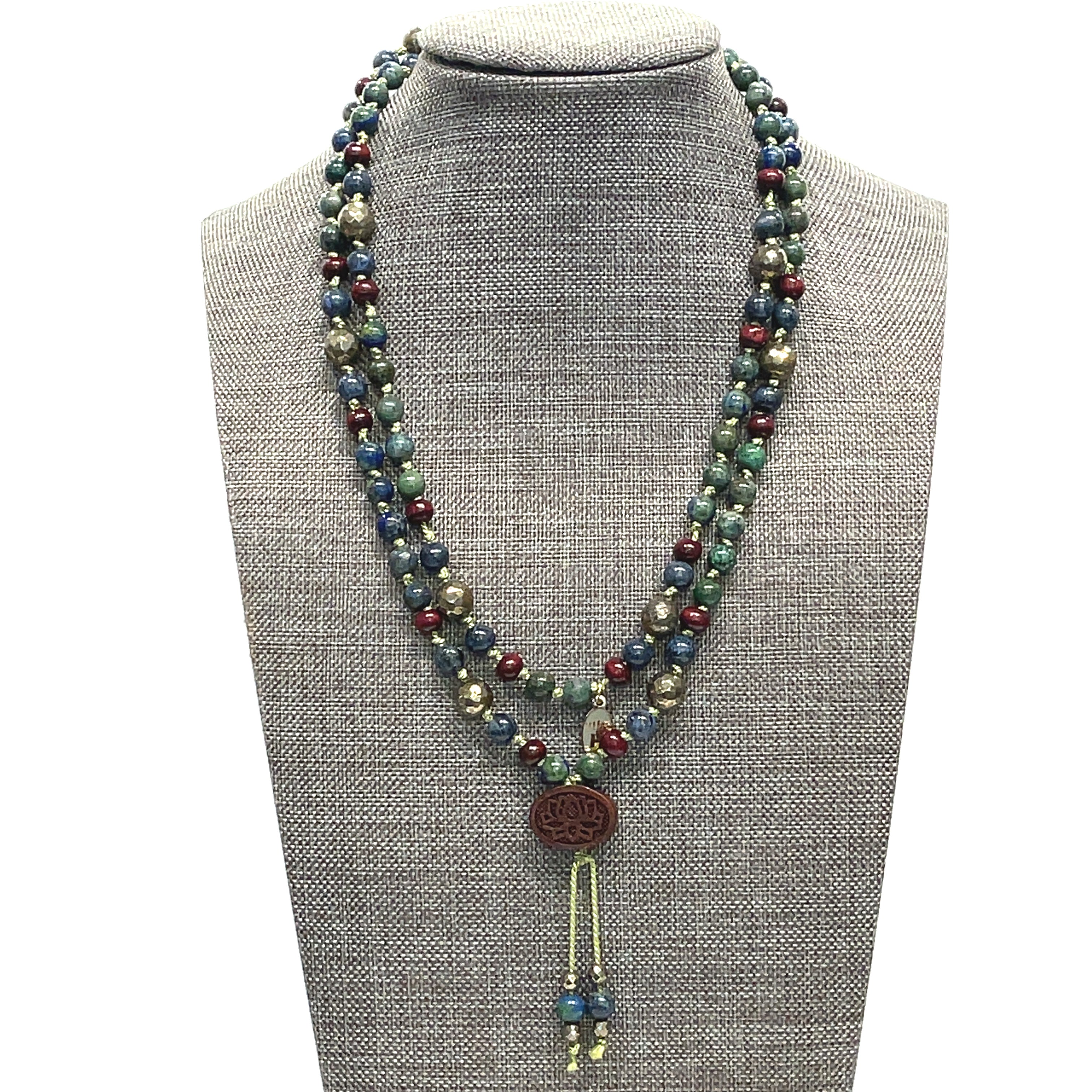 Pyrite, Ebony Wood,  & Azurite/  Malachite Mala gemstone Necklace