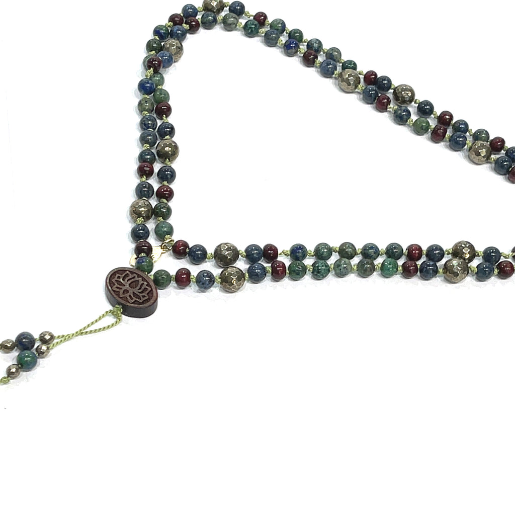 Pyrite, Ebony Wood,  & Azurite/  Malachite Mala gemstone Necklace