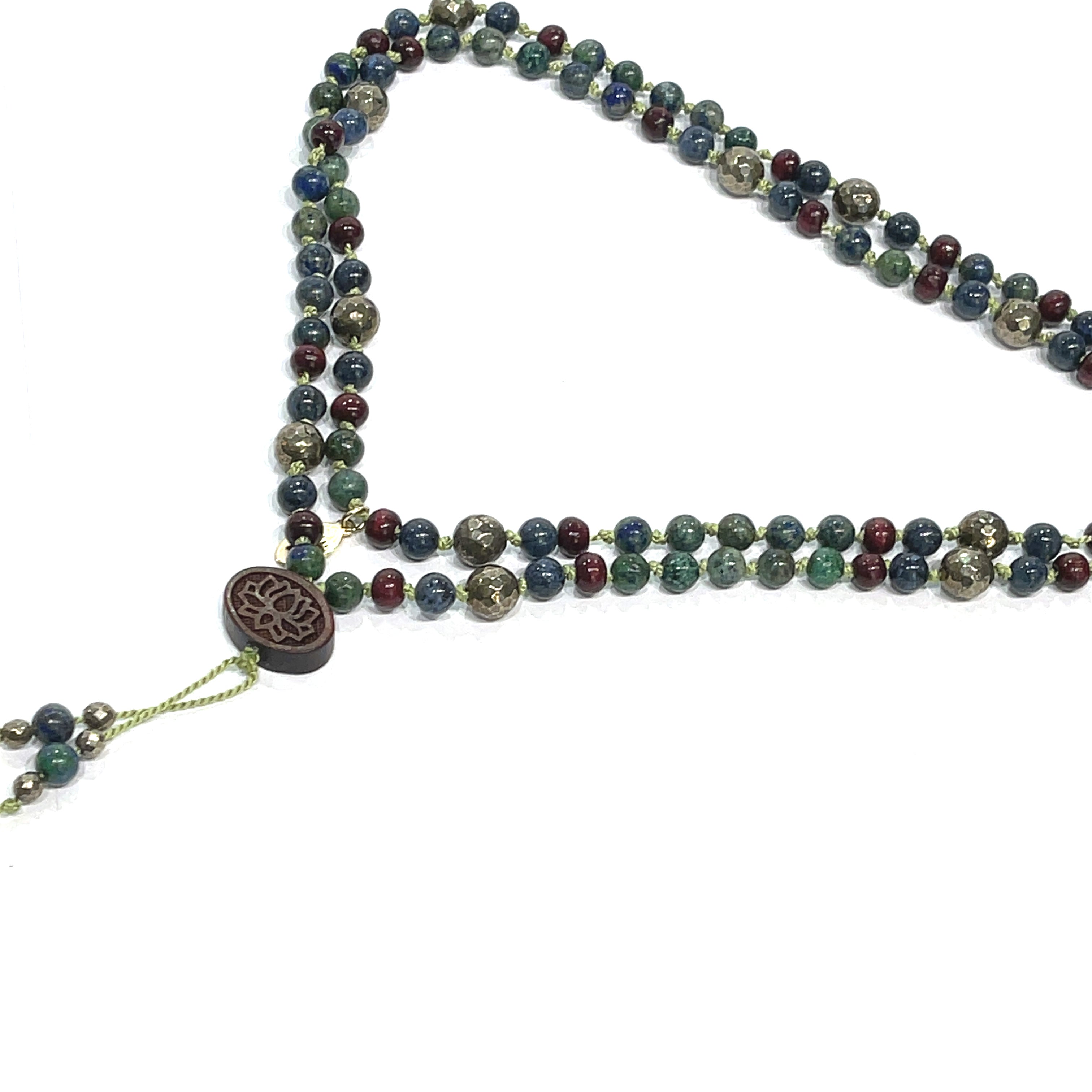 Pyrite, Ebony Wood,  & Azurite/  Malachite Mala gemstone Necklace