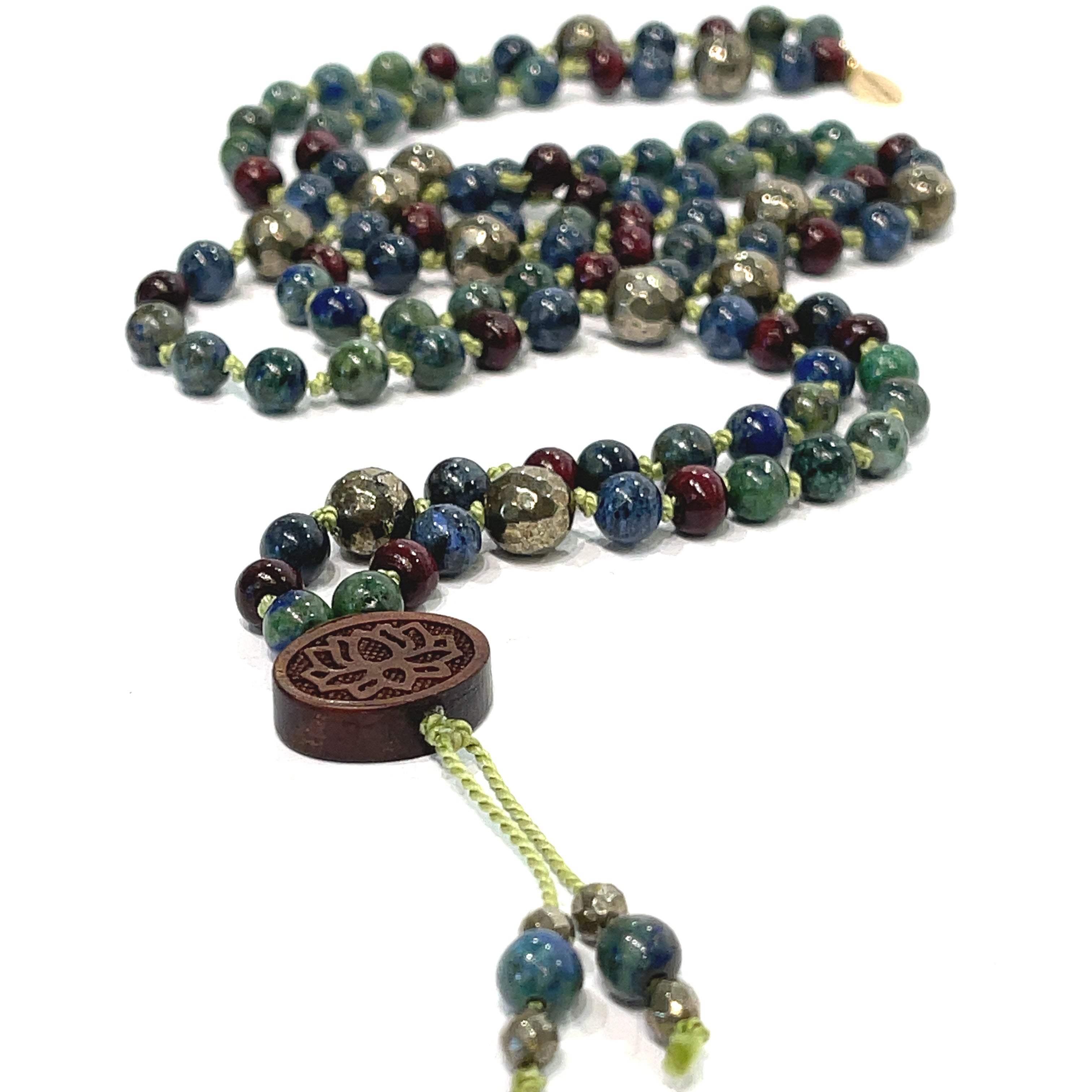 Pyrite, Ebony Wood,  & Azurite/  Malachite Mala gemstone Necklace
