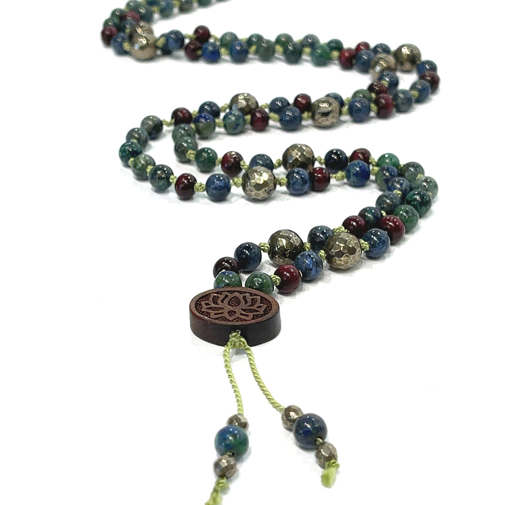 Pyrite, Ebony Wood,  & Azurite/  Malachite Mala gemstone Necklace