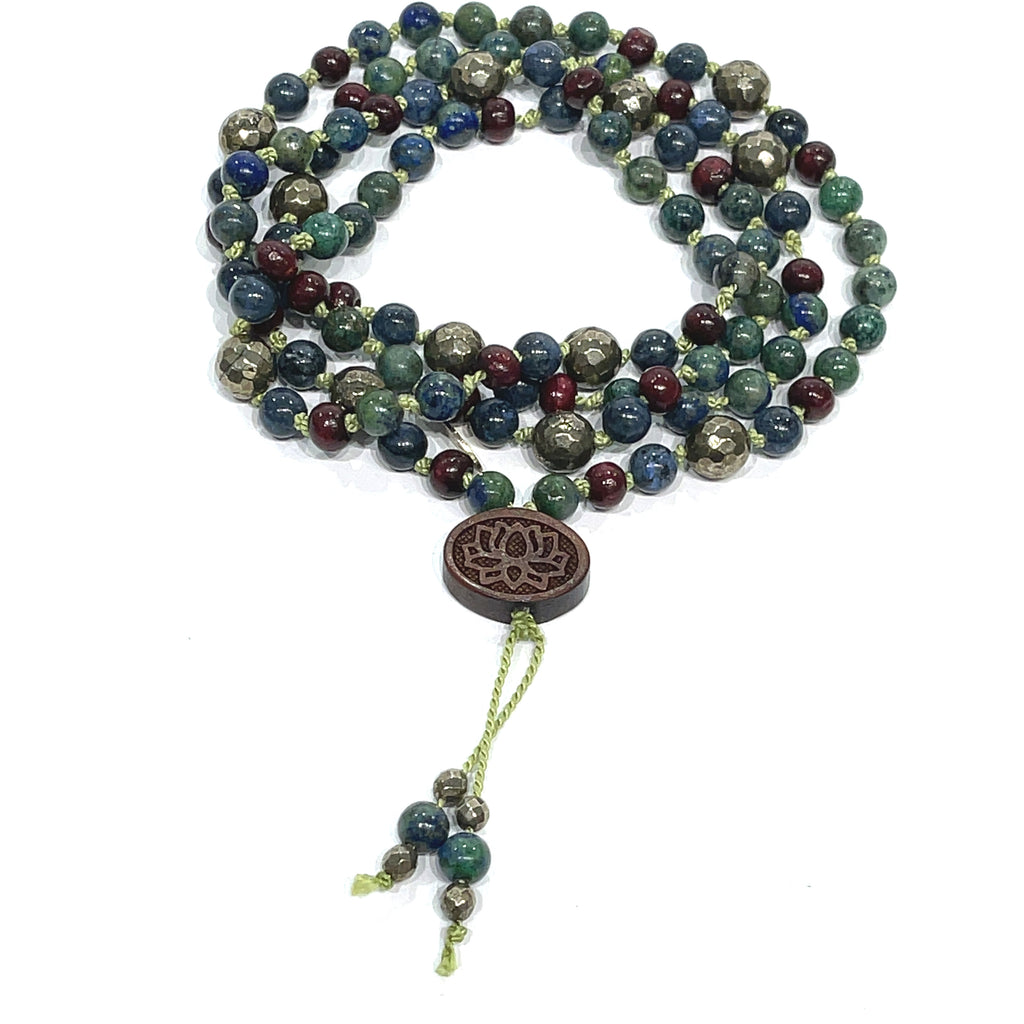 Pyrite, Ebony Wood,  & Azurite/  Malachite Mala gemstone Necklace