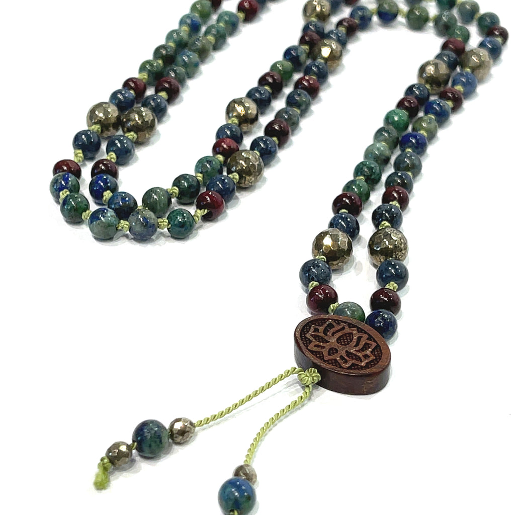 Pyrite, Ebony Wood,  & Azurite/  Malachite Mala gemstone Necklace