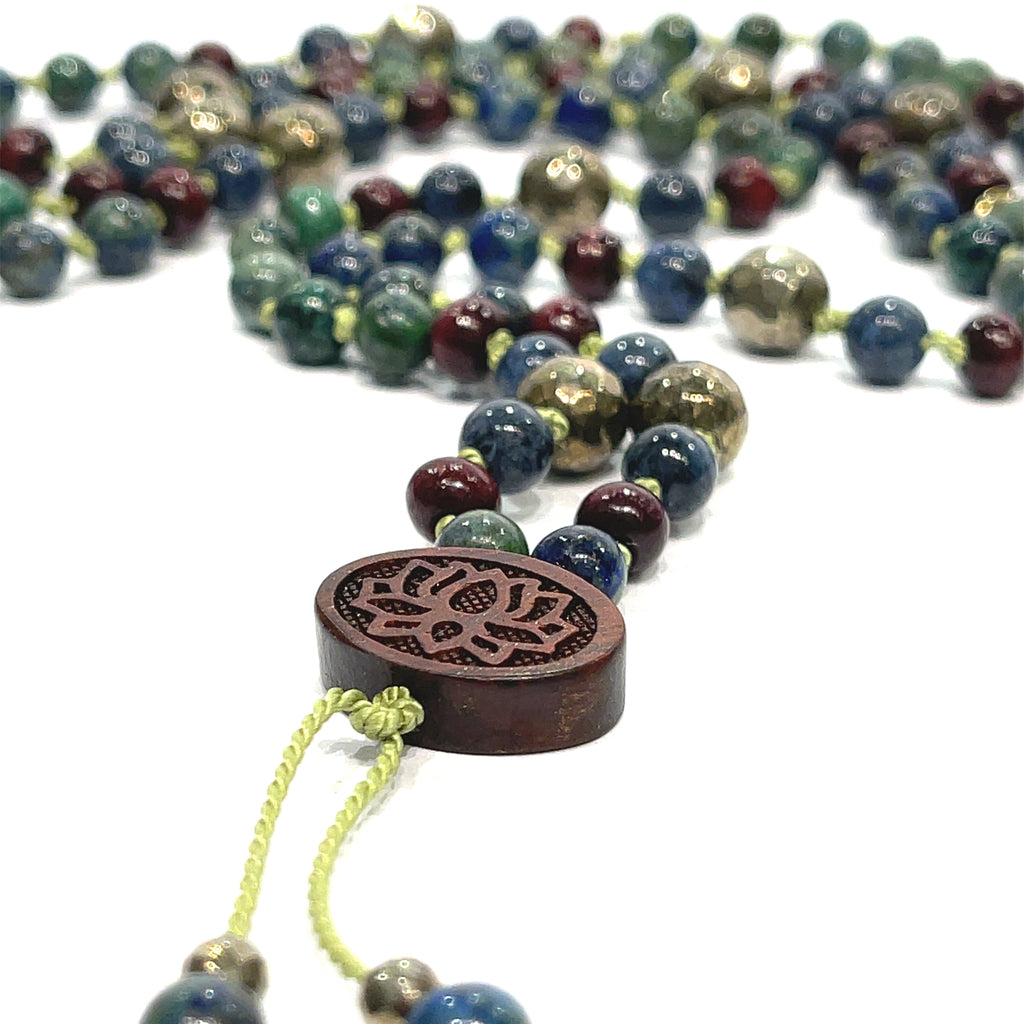 Pyrite, Ebony Wood,  & Azurite/  Malachite Mala gemstone Necklace