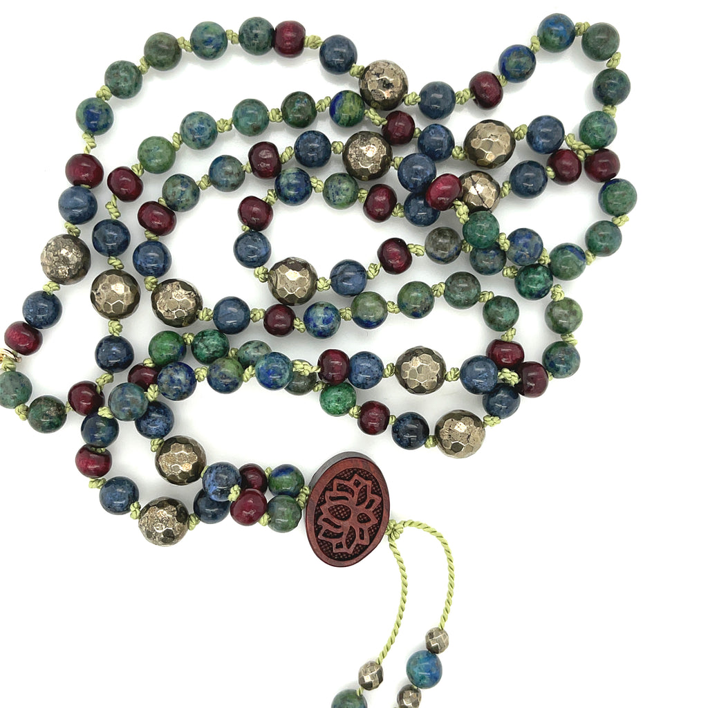 Pyrite, Ebony Wood,  & Azurite/  Malachite Mala gemstone Necklace