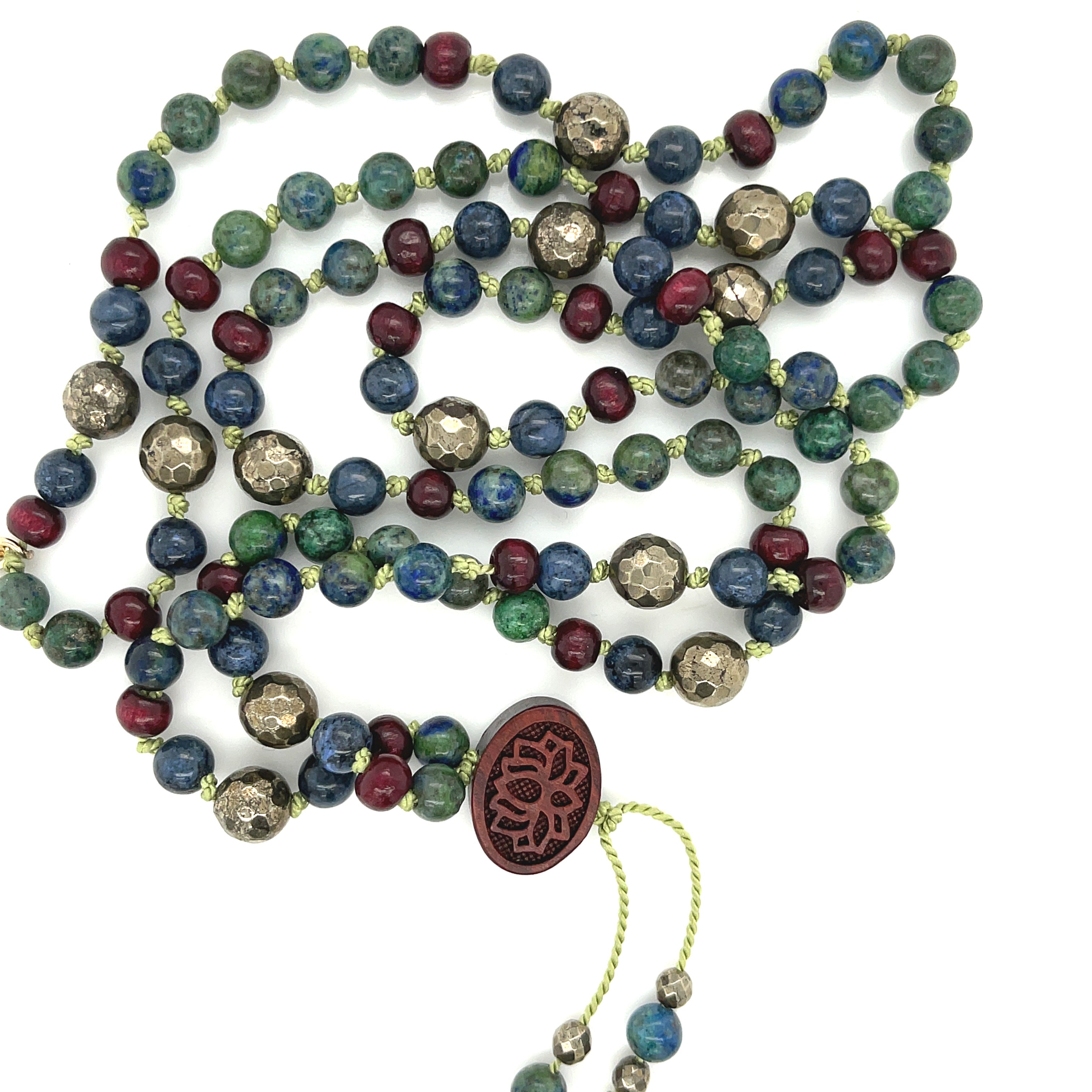 Pyrite, Ebony Wood,  & Azurite/  Malachite Mala gemstone Necklace