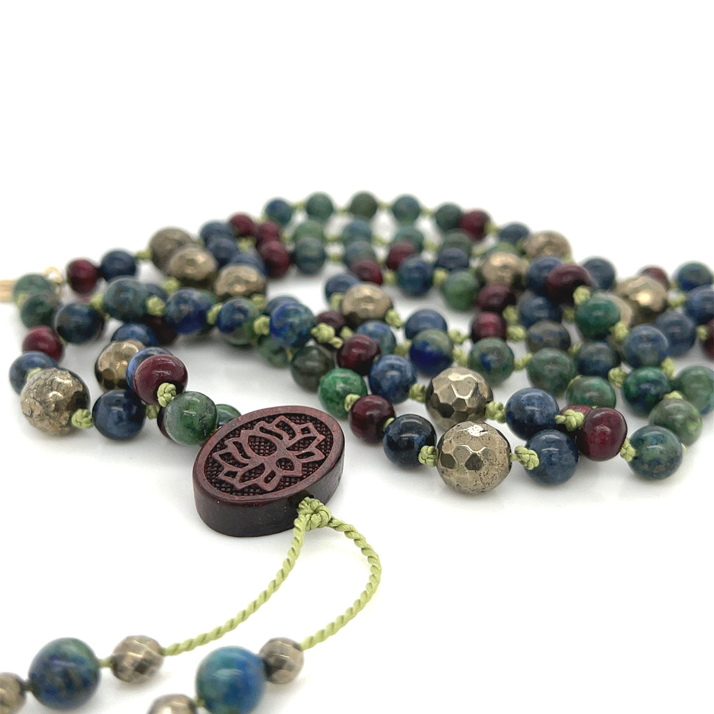 Pyrite, Ebony Wood,  & Azurite/  Malachite Mala gemstone Necklace