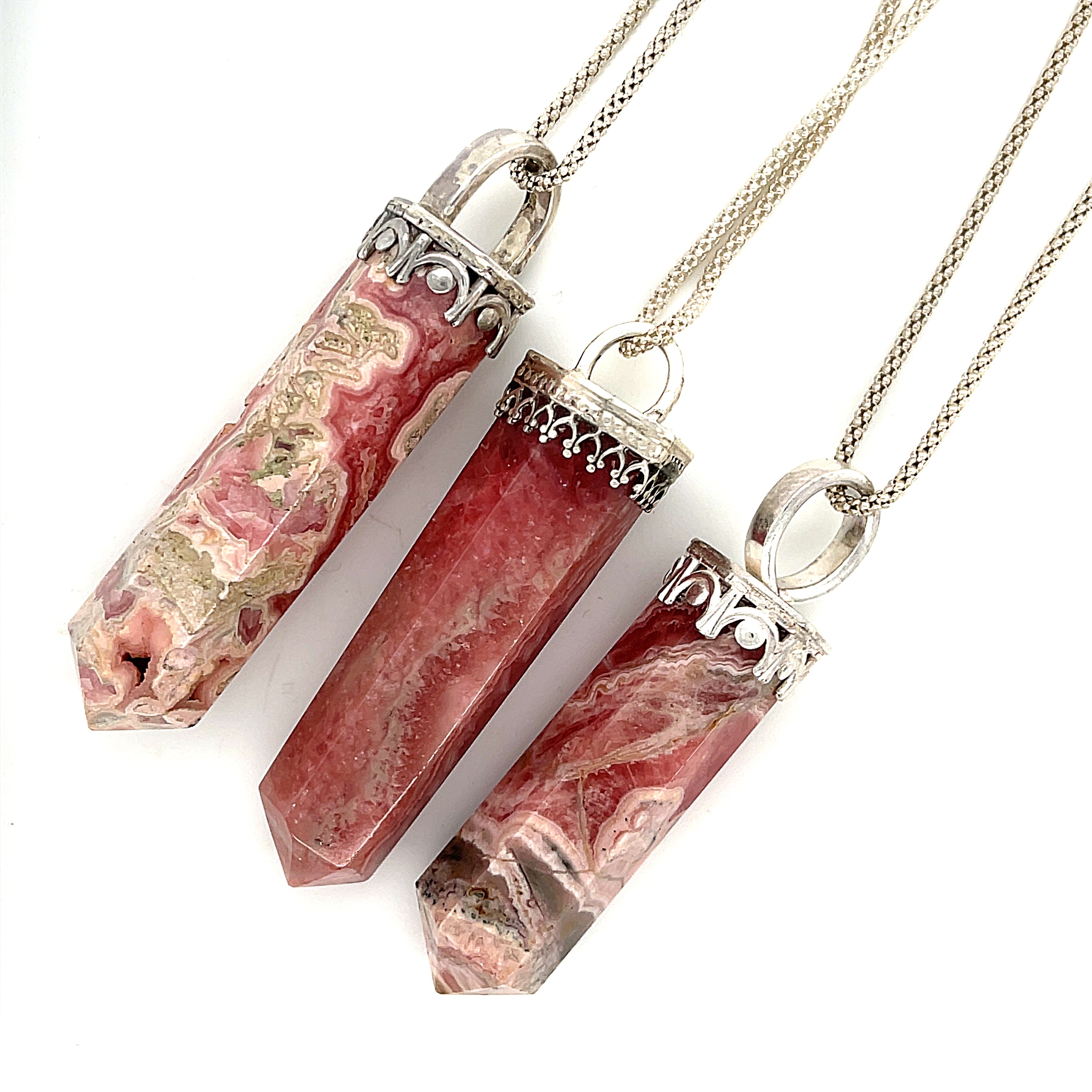 Rhodochrosite gemstone pendant on sterling silver chain necklace