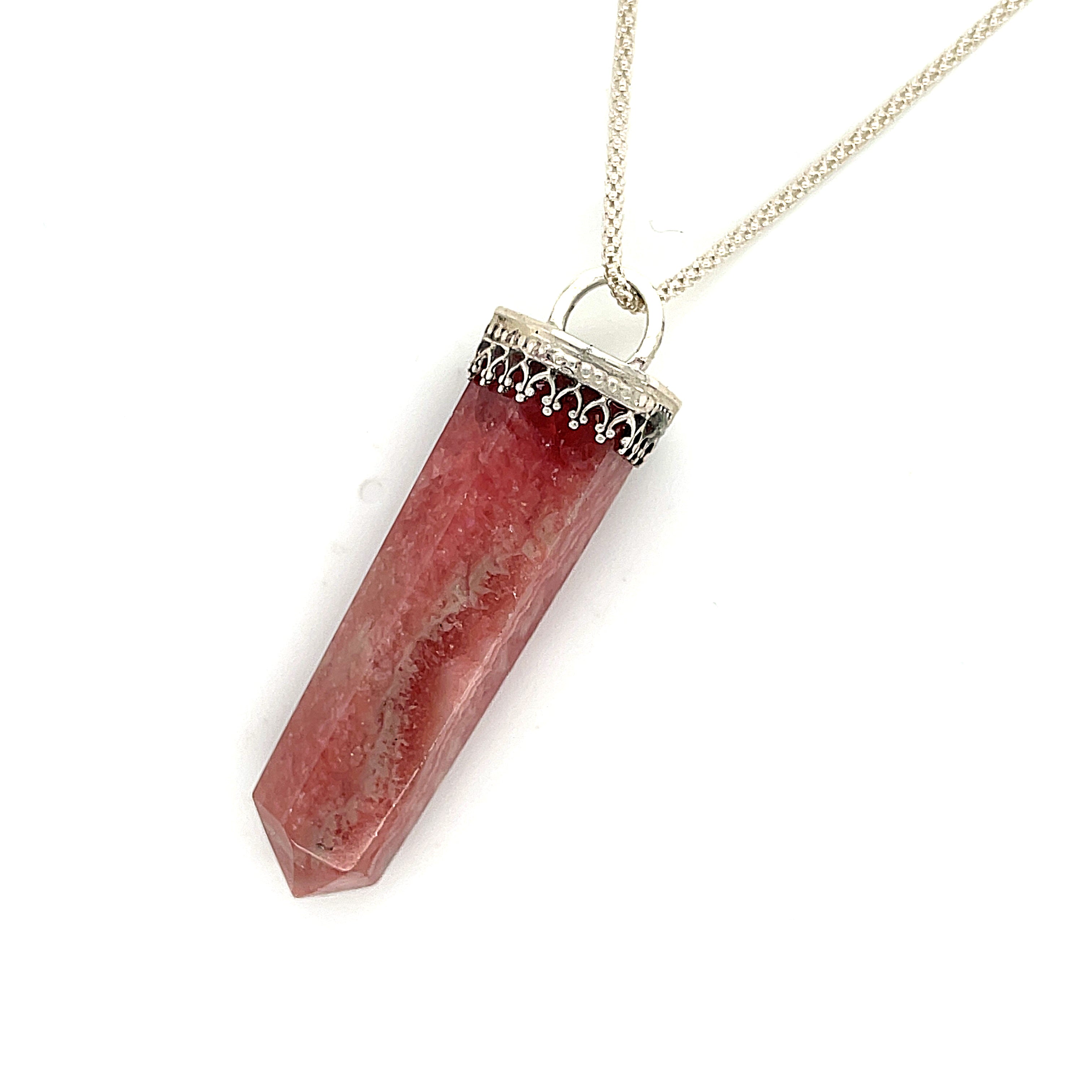 Rhodochrosite gemstone pendant on sterling silver chain necklace