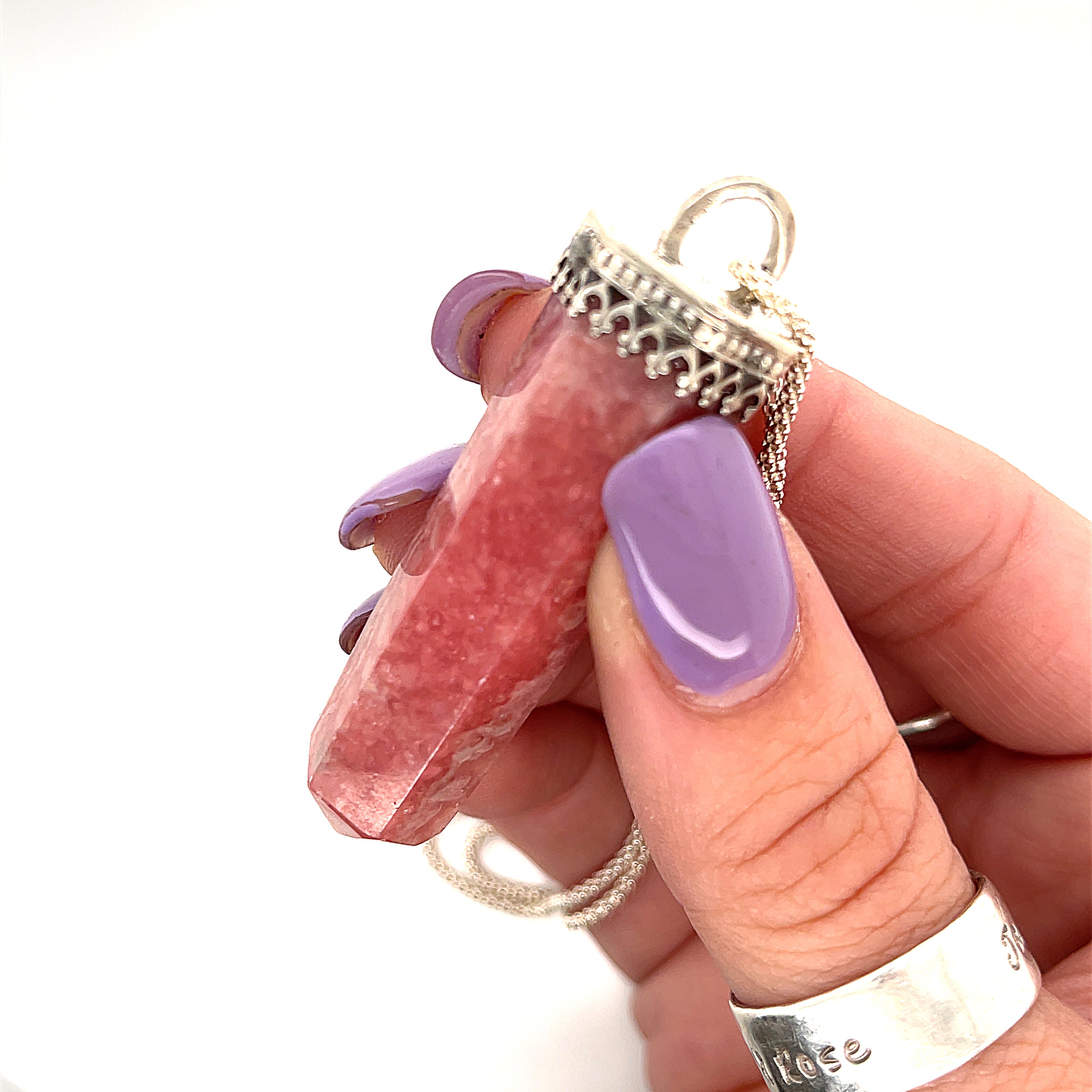 Rhodochrosite gemstone pendant on sterling silver chain necklace