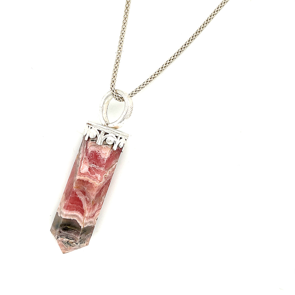Rhodochrosite gemstone pendant on sterling silver chain necklace