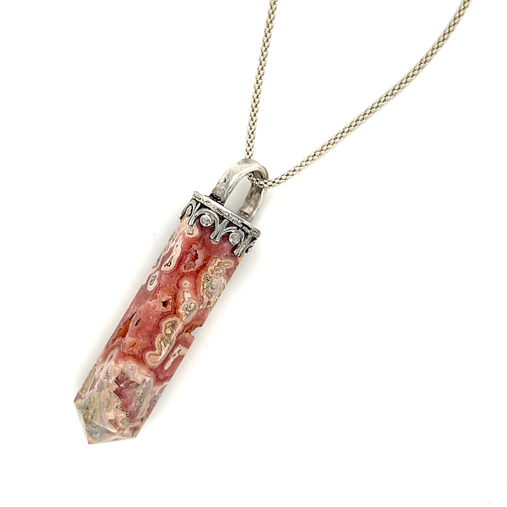 Rhodochrosite gemstone pendant on sterling silver chain necklace