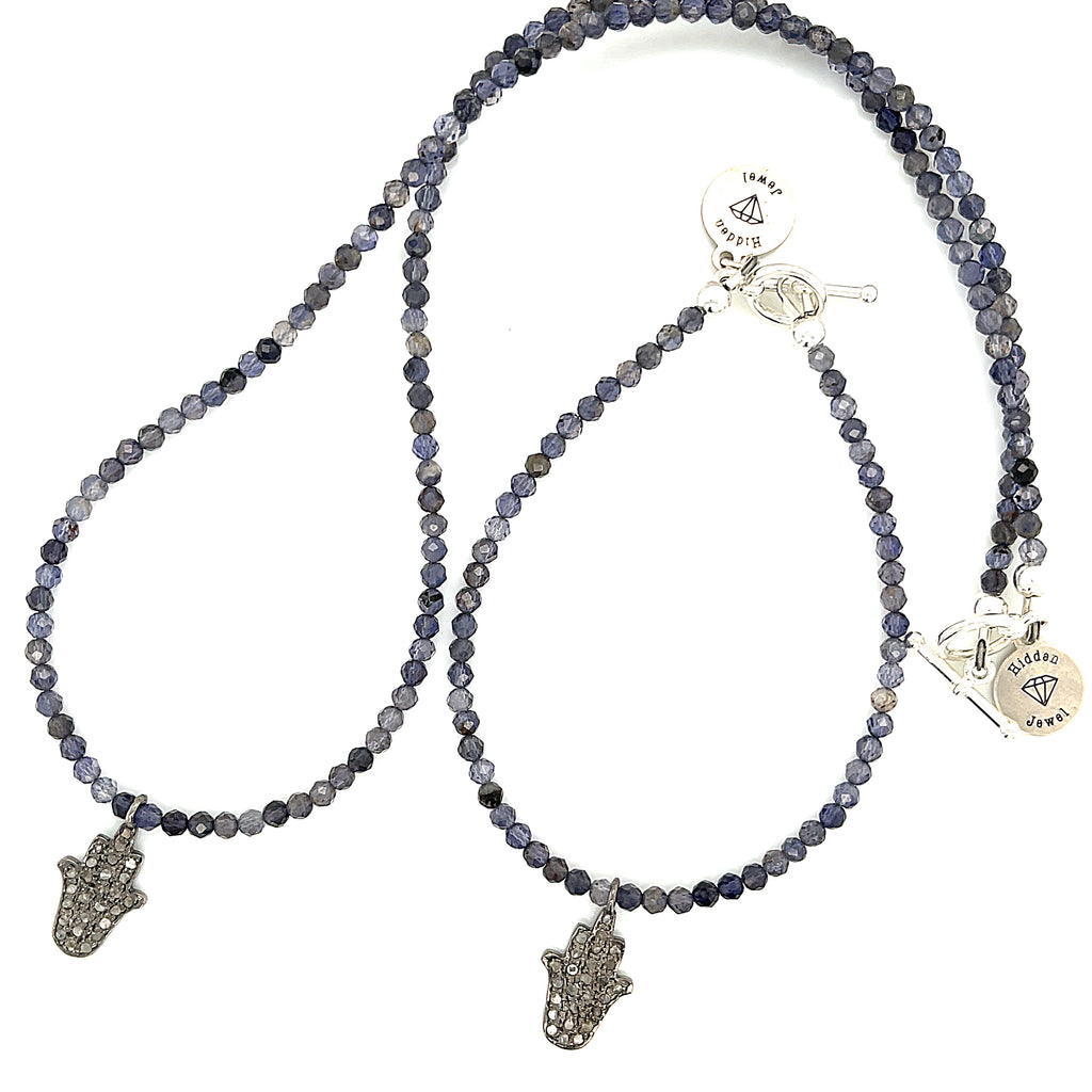 Iolite gemstone bracelet with  Diamond Hamsa pendant