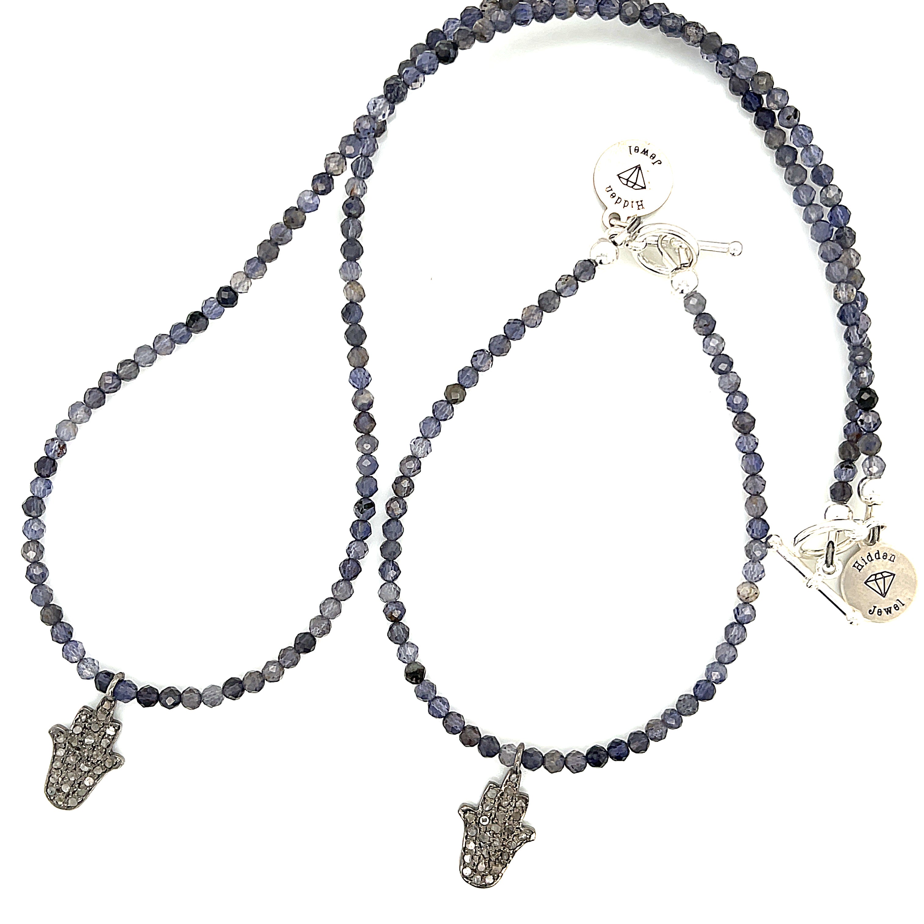 Iolite gemstone bracelet with  Diamond Hamsa pendant
