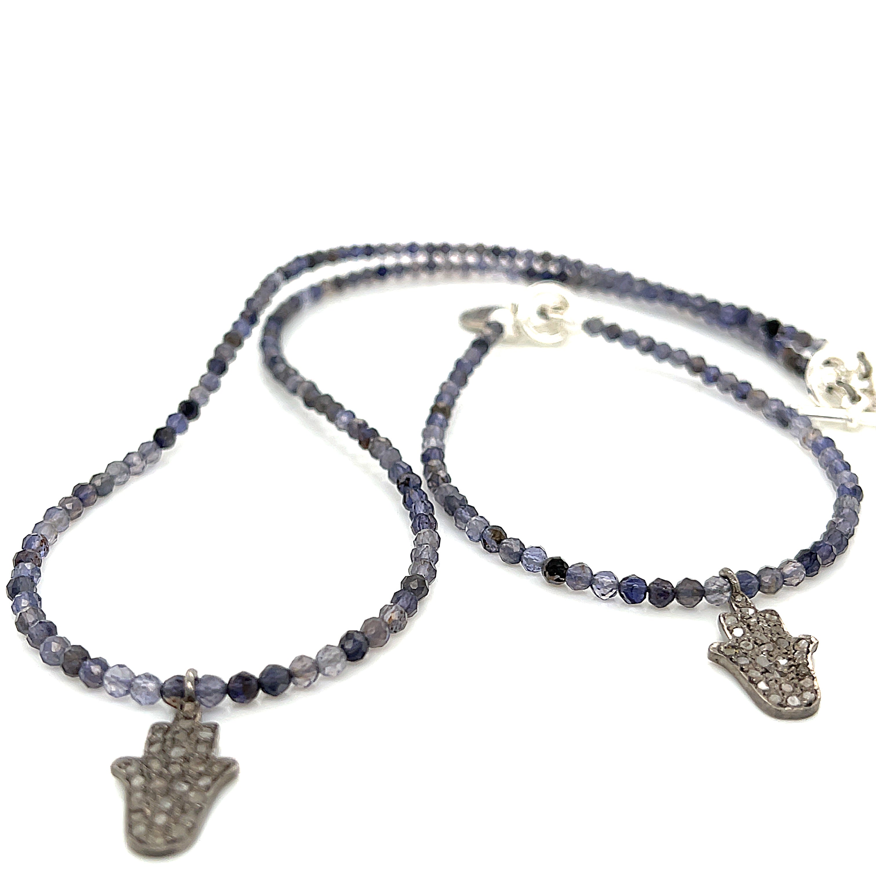 Iolite gemstone bracelet with  Diamond Hamsa pendant