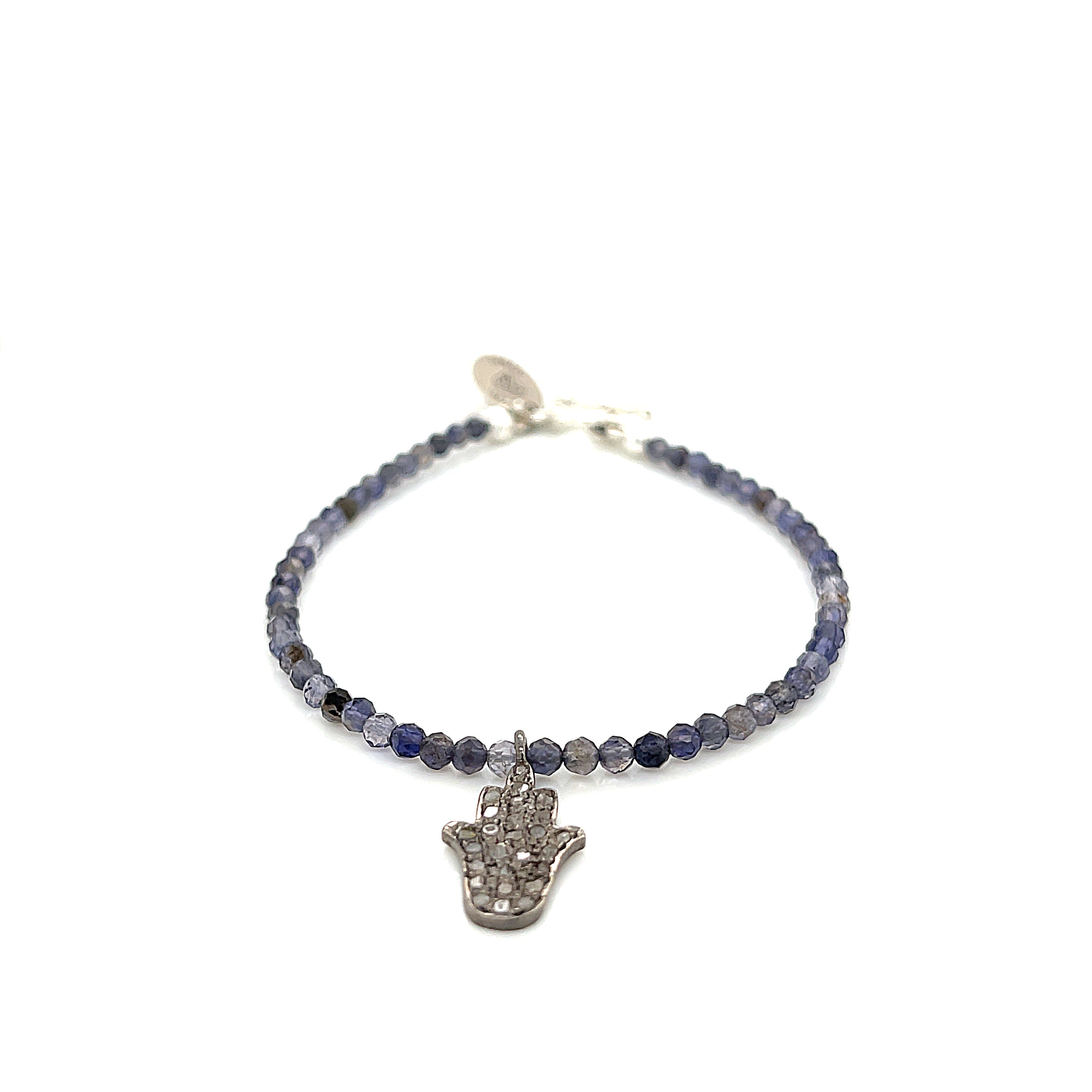 Iolite gemstone bracelet with  Diamond Hamsa pendant