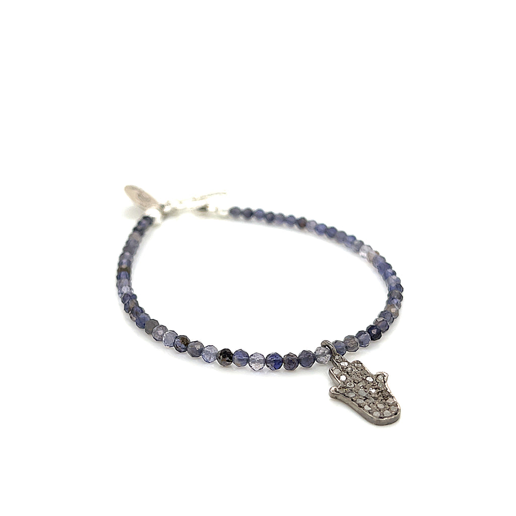 Iolite gemstone bracelet with  Diamond Hamsa pendant