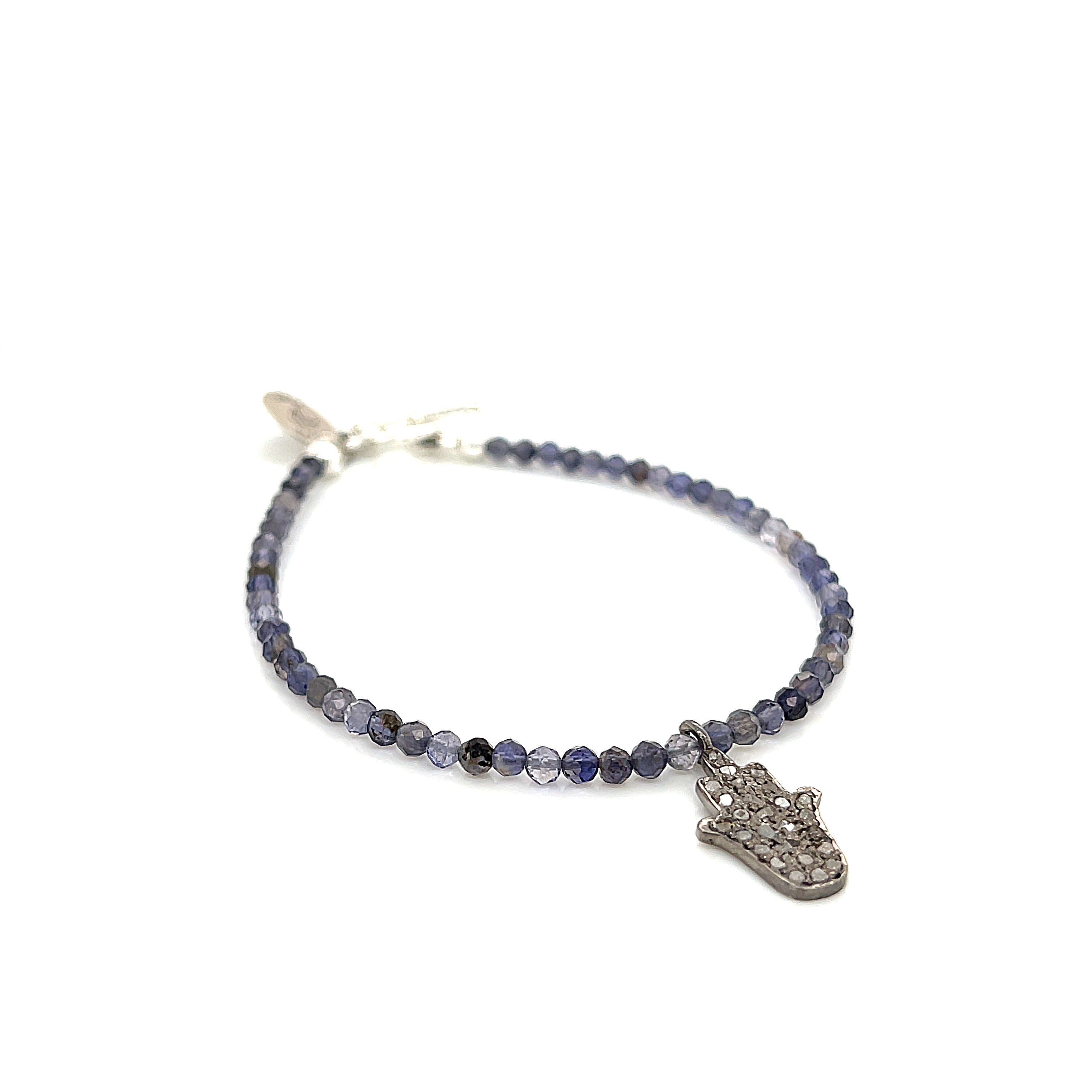 Iolite gemstone bracelet with  Diamond Hamsa pendant