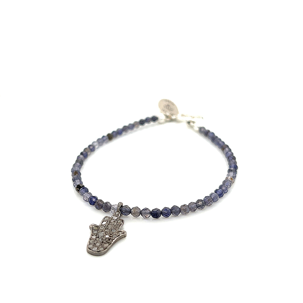 Iolite gemstone bracelet with  Diamond Hamsa pendant