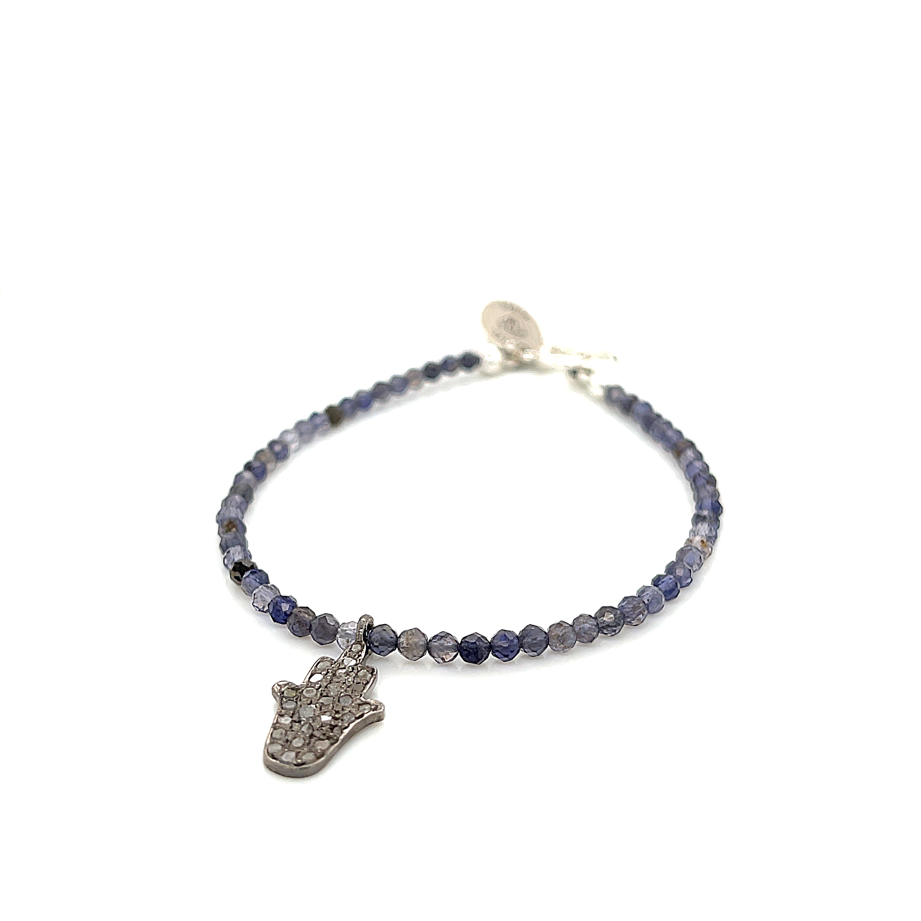 Iolite gemstone bracelet with  Diamond Hamsa pendant