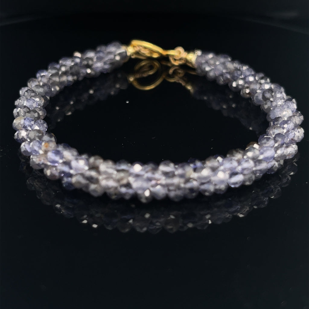 Iolite gemstone crocheted bracelet with gold filled toggle