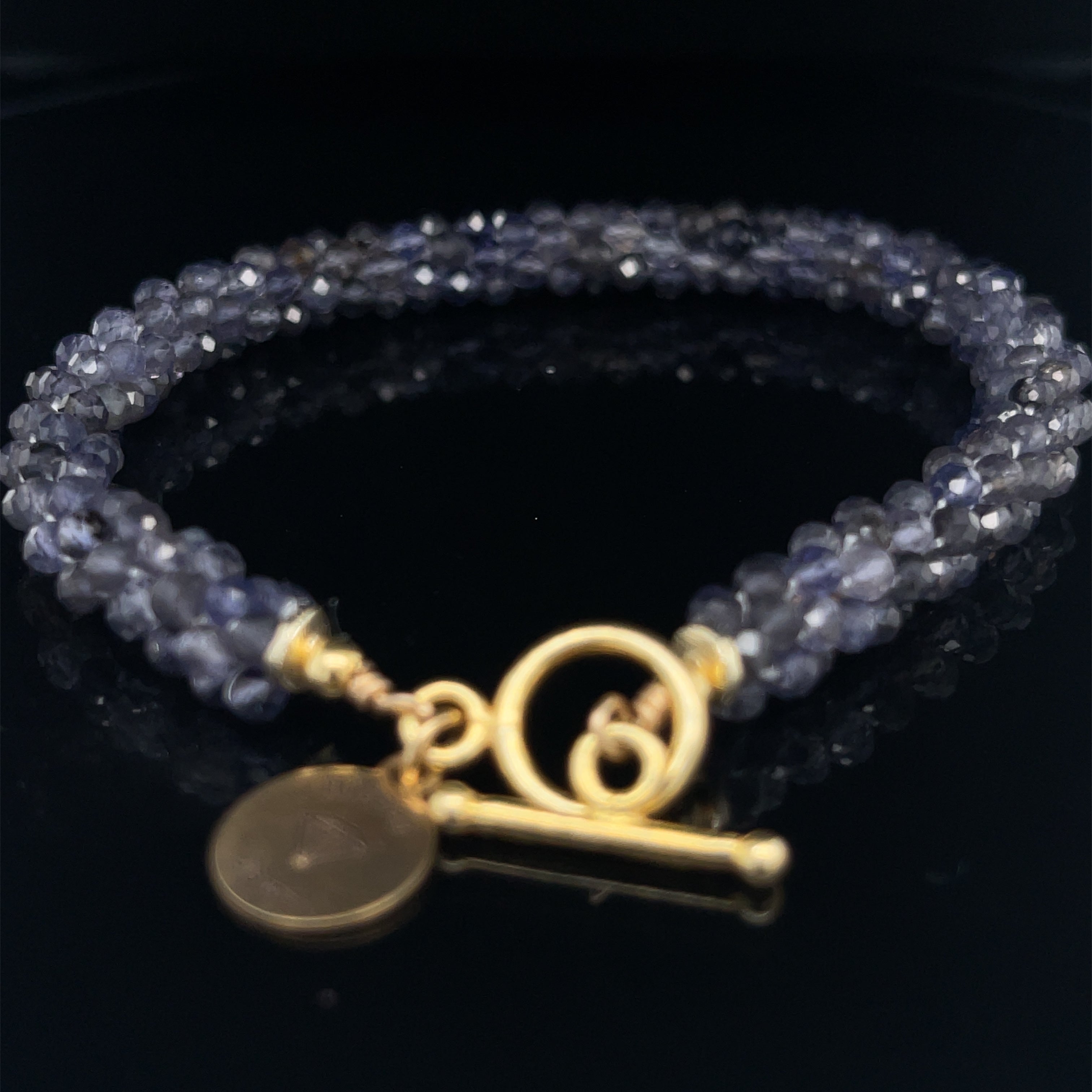 Iolite gemstone crocheted bracelet with gold filled toggle