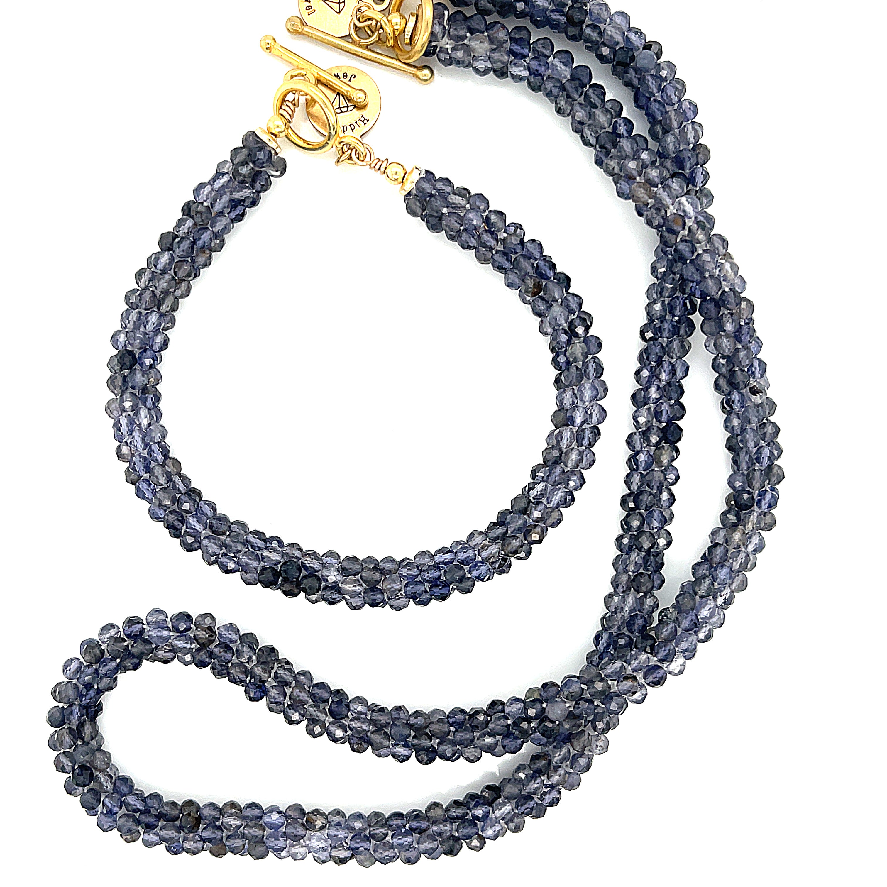 Iolite gemstone crocheted bracelet with gold filled toggle