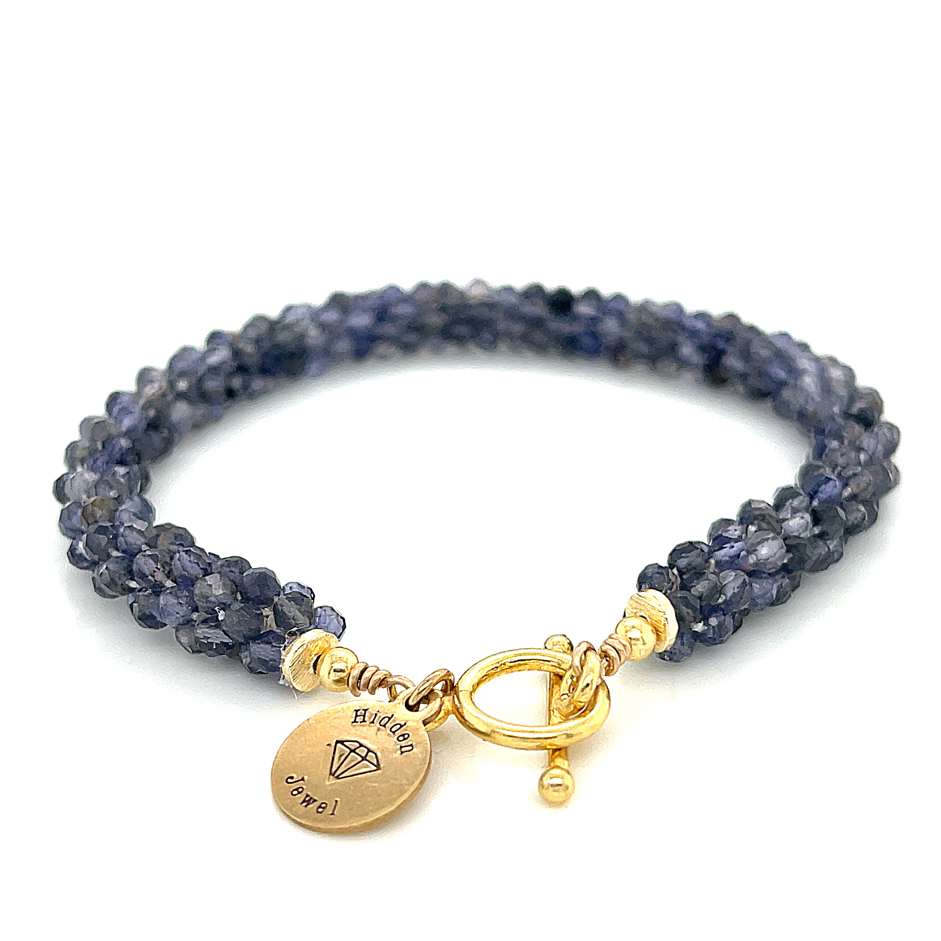 Iolite gemstone crocheted bracelet with gold filled toggle