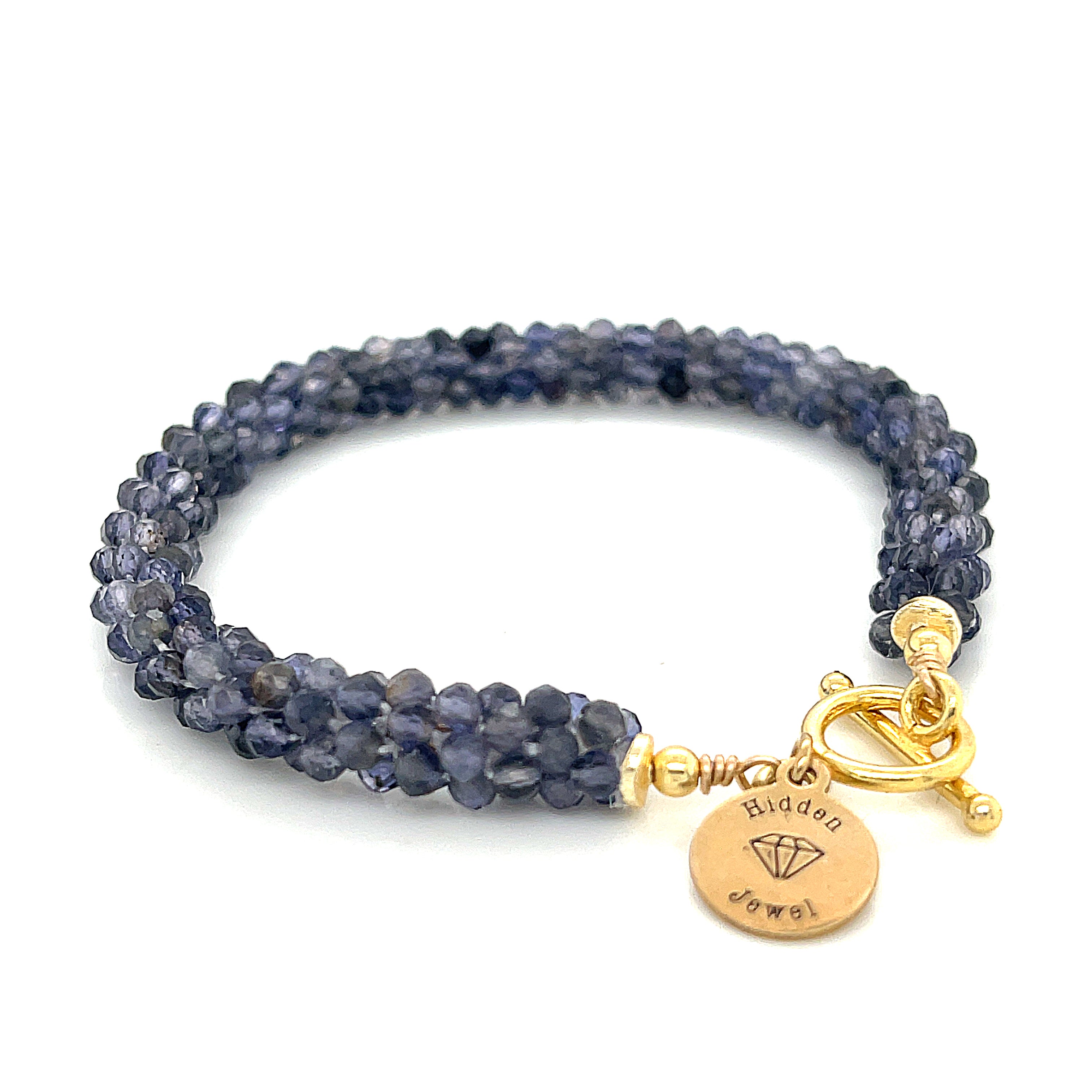 Iolite gemstone crocheted bracelet with gold filled toggle