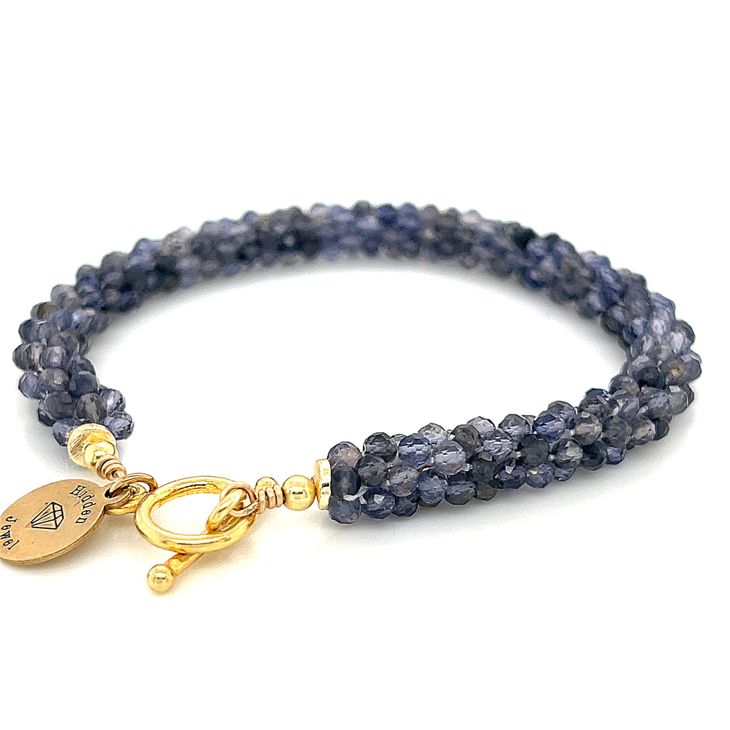 Iolite gemstone crocheted bracelet with gold filled toggle