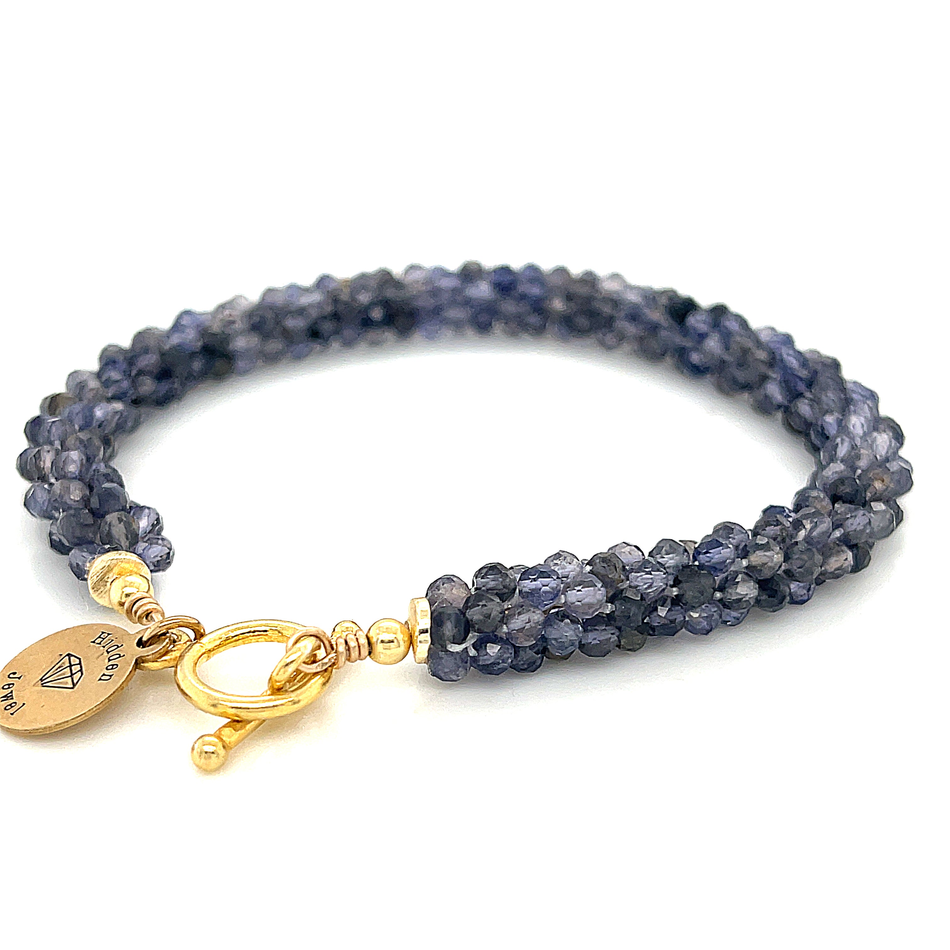Iolite gemstone crocheted bracelet with gold filled toggle