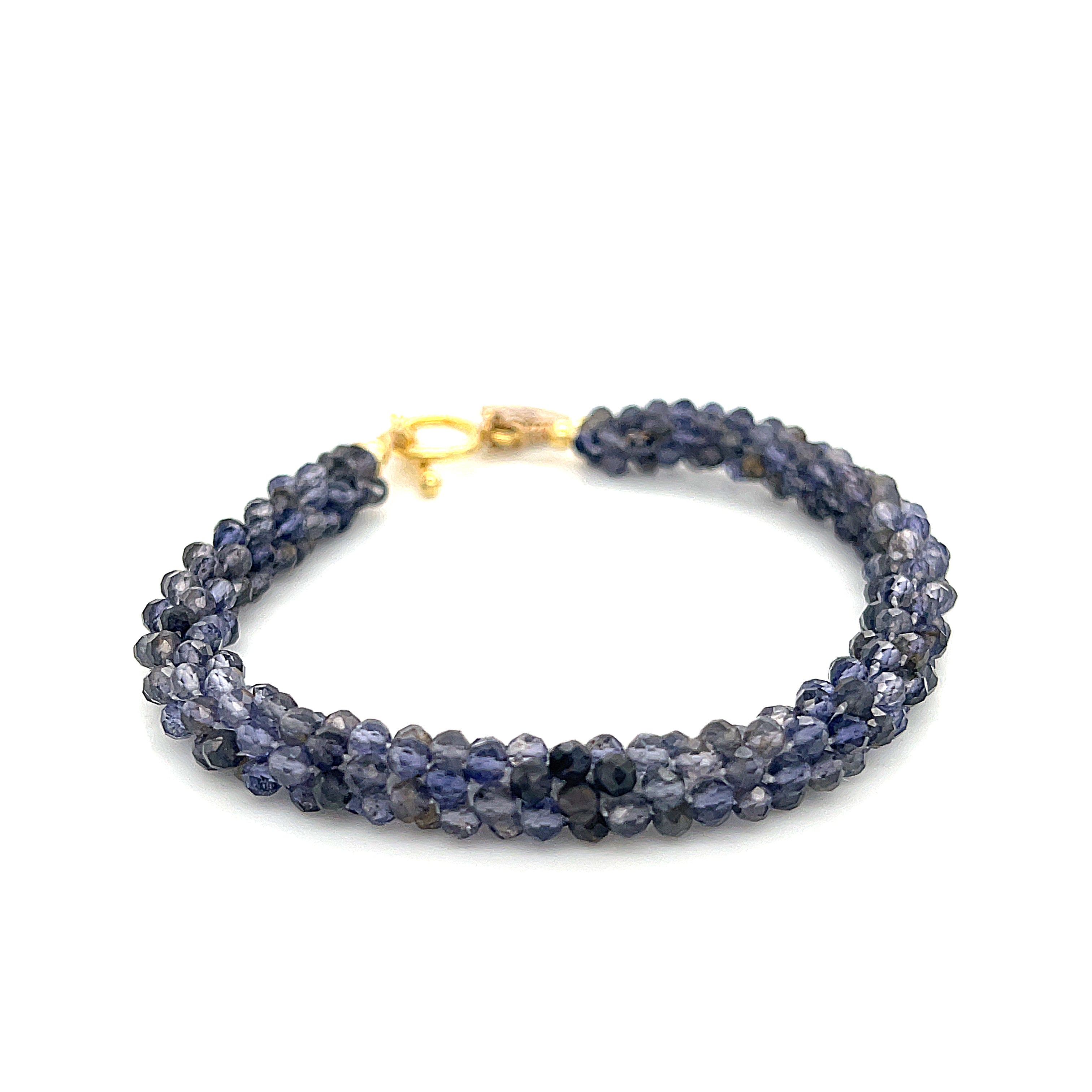 Iolite gemstone crocheted bracelet with gold filled toggle