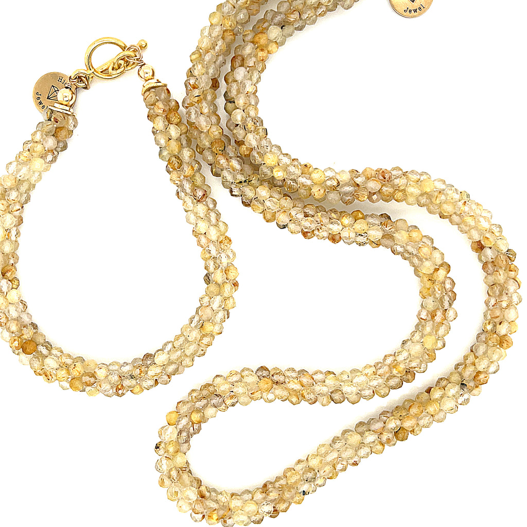 Golden Rutile Quartz gemstone crocheted necklace with gold filled toggle