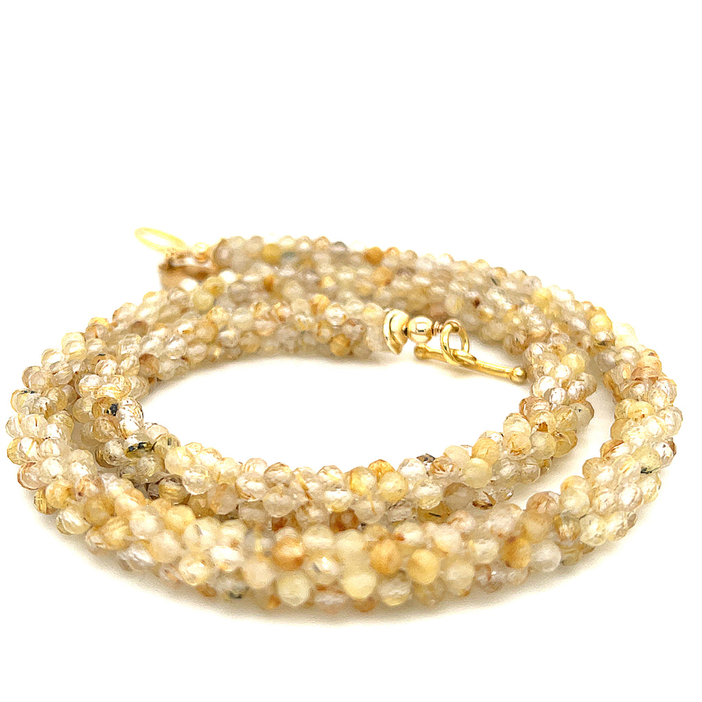 Golden Rutile Quartz gemstone crocheted necklace with gold filled toggle
