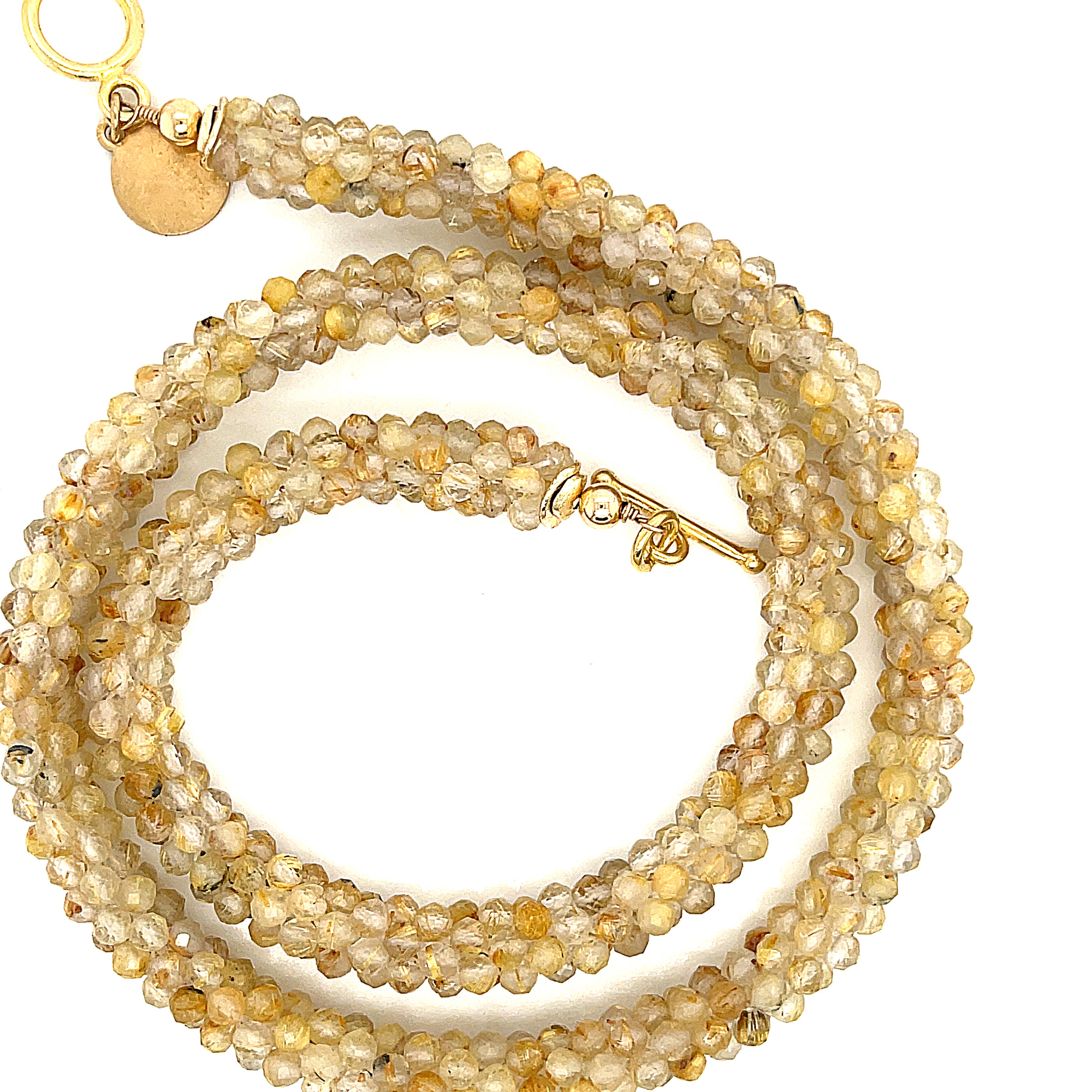 Golden Rutile Quartz gemstone crocheted necklace with gold filled toggle