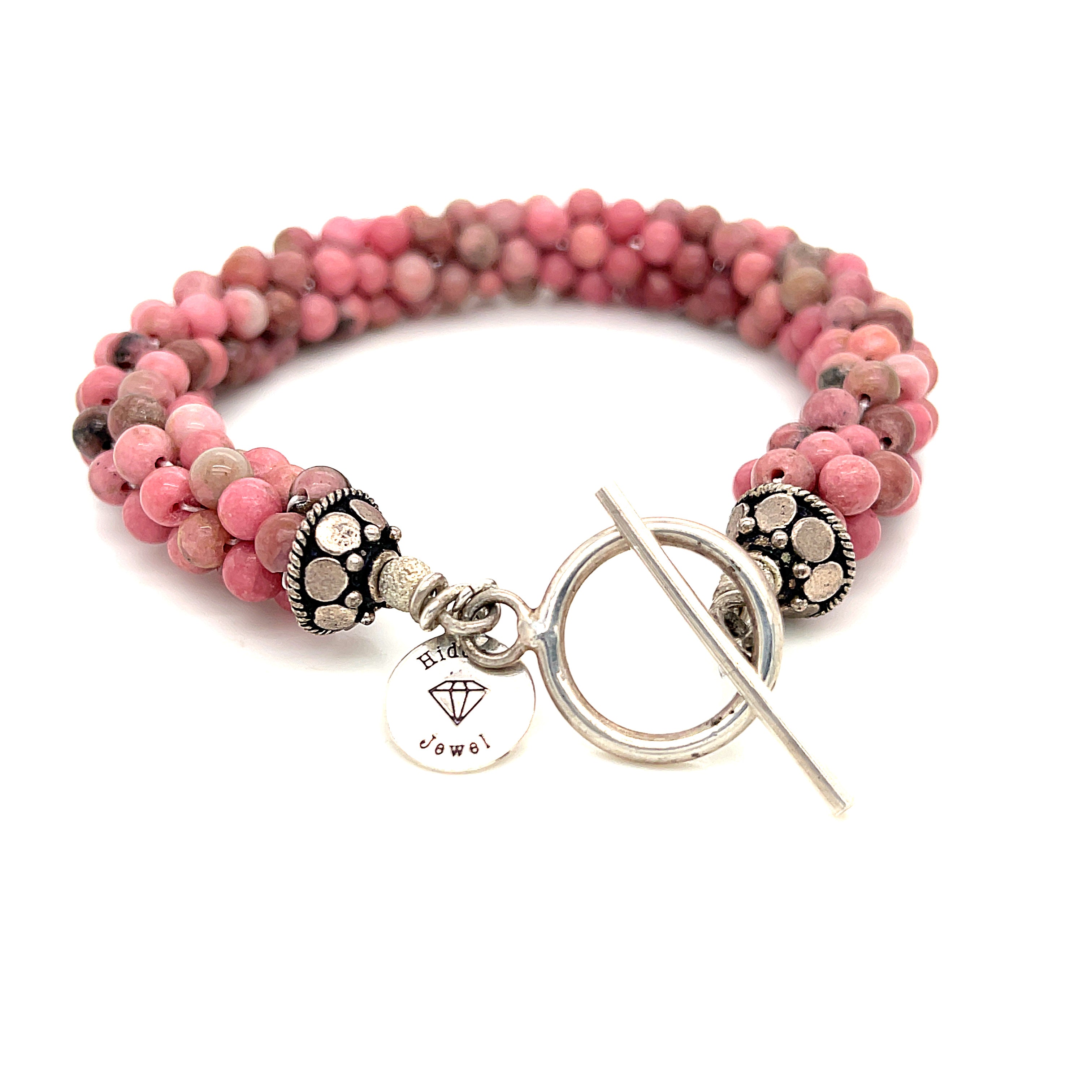 Pink Turquoise stone Crocheted Bracelet, with sterling clasp
