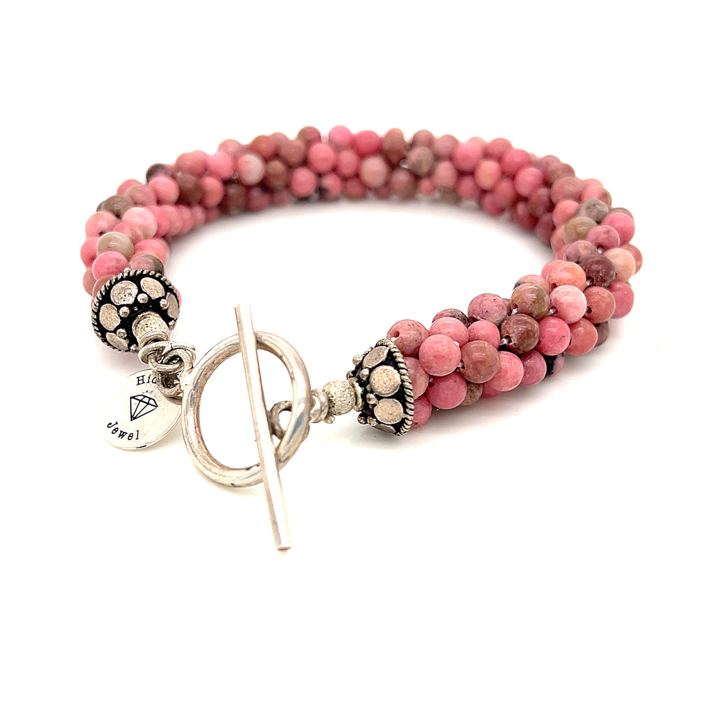 Pink Turquoise stone Crocheted Bracelet, with sterling clasp