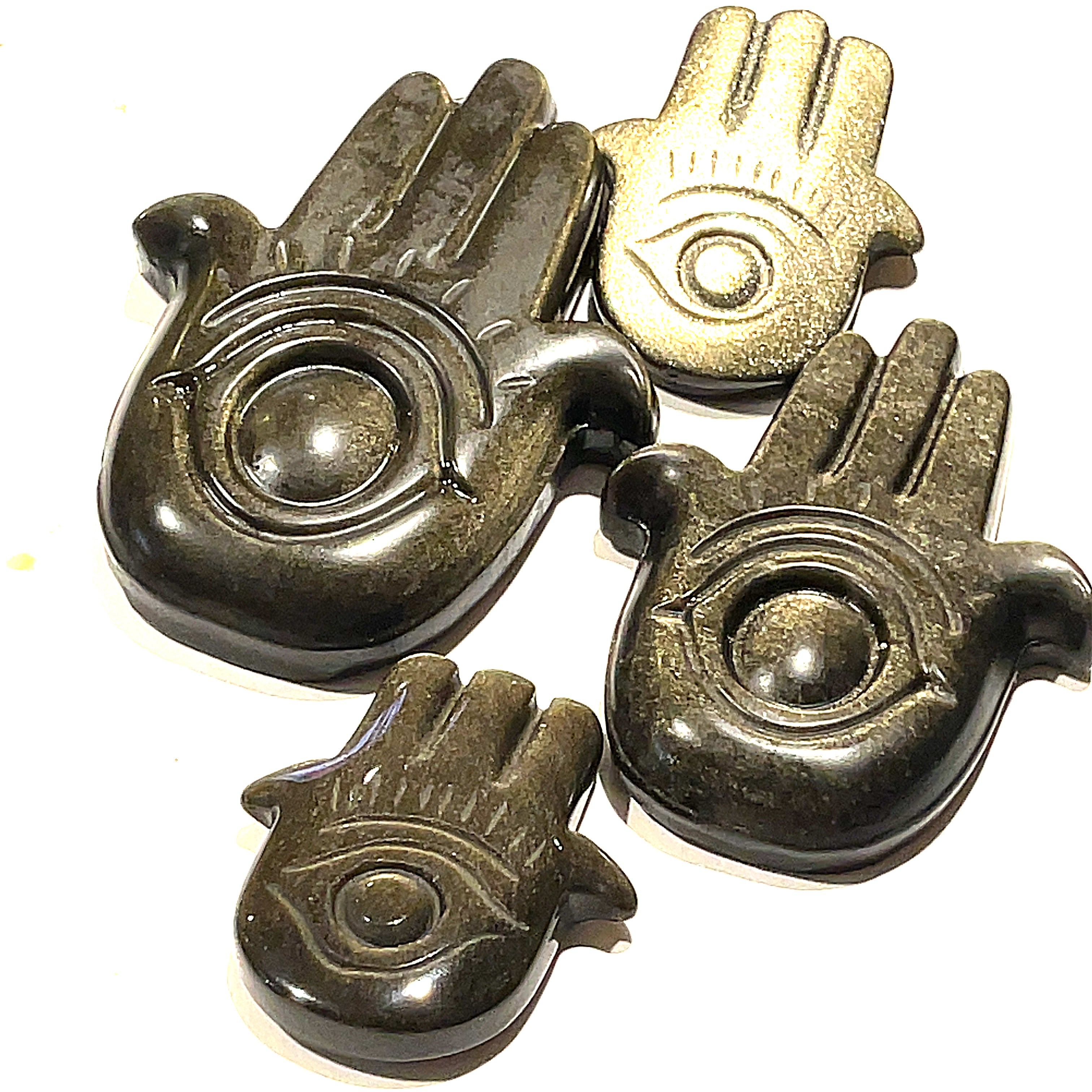 Golden Sheen Obsidian Humza and Evil Eye Gemstone Carvings
