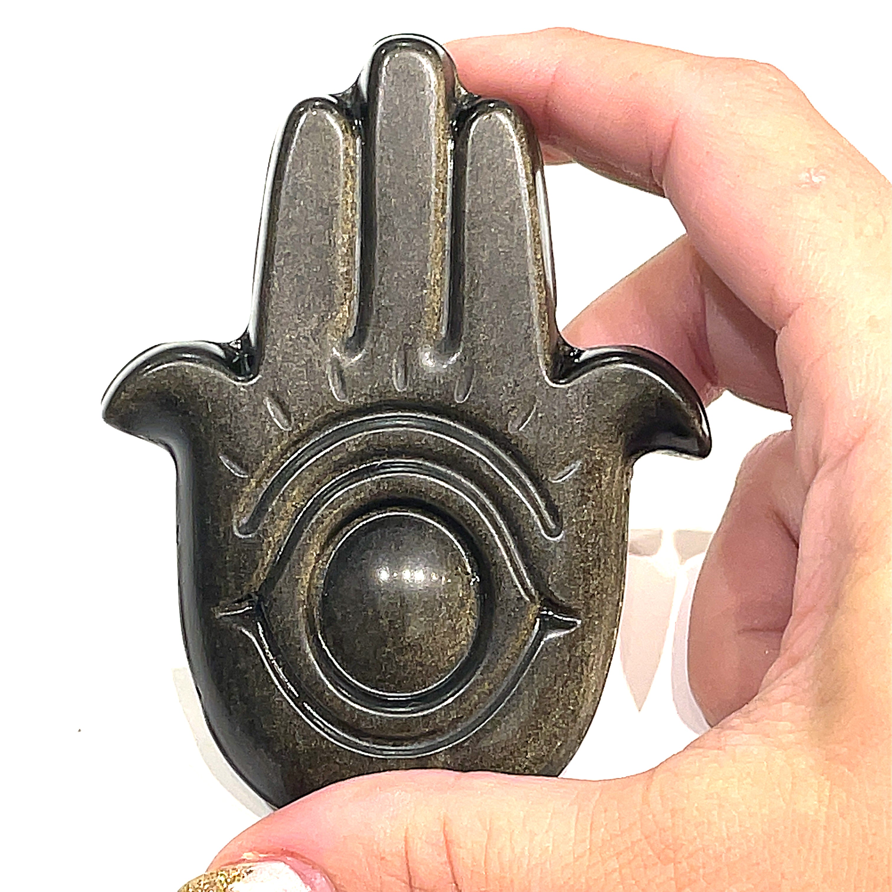 Golden Sheen Obsidian Humza and Evil Eye Gemstone Carvings