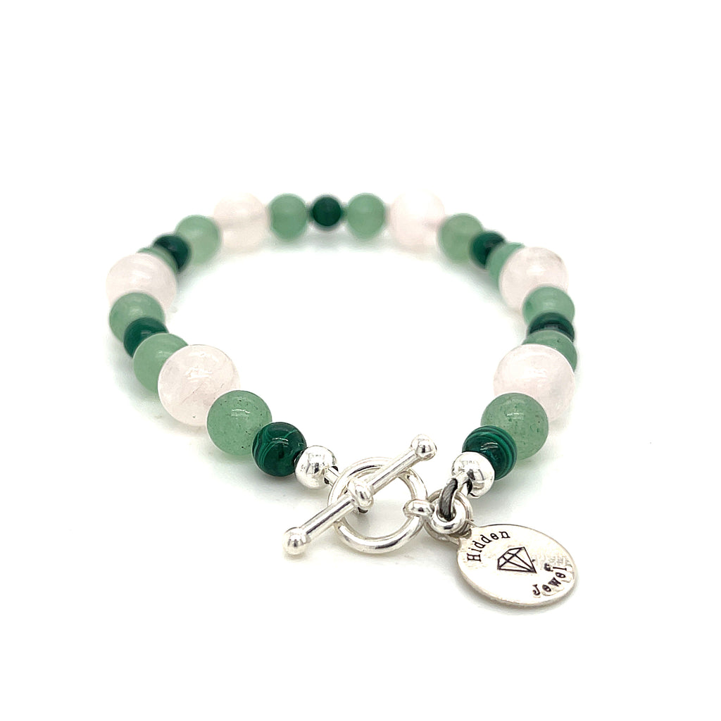 Rose Quartz, Green Aventurine, and Malachite gemstone bracelet