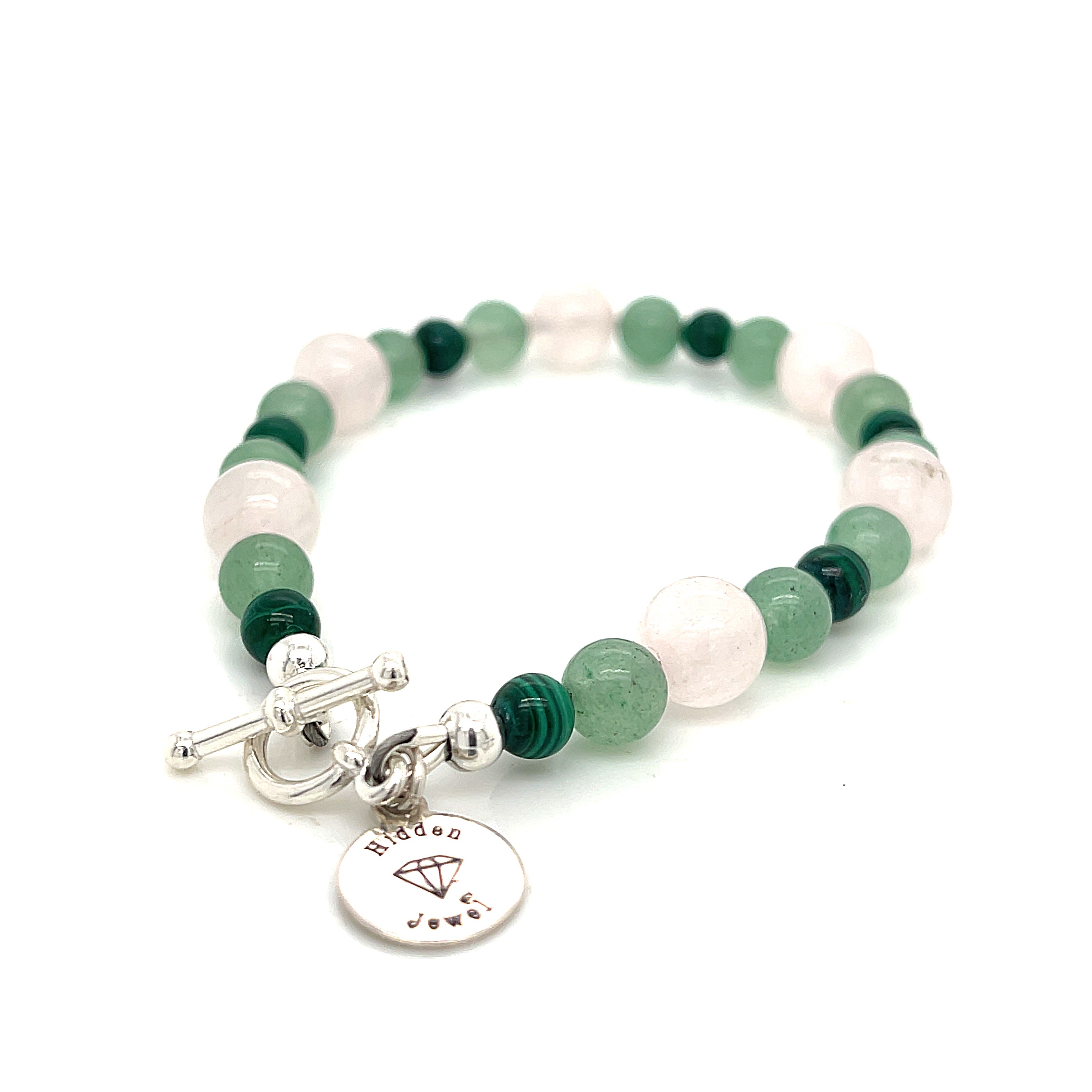 Rose Quartz, Green Aventurine, and Malachite gemstone bracelet